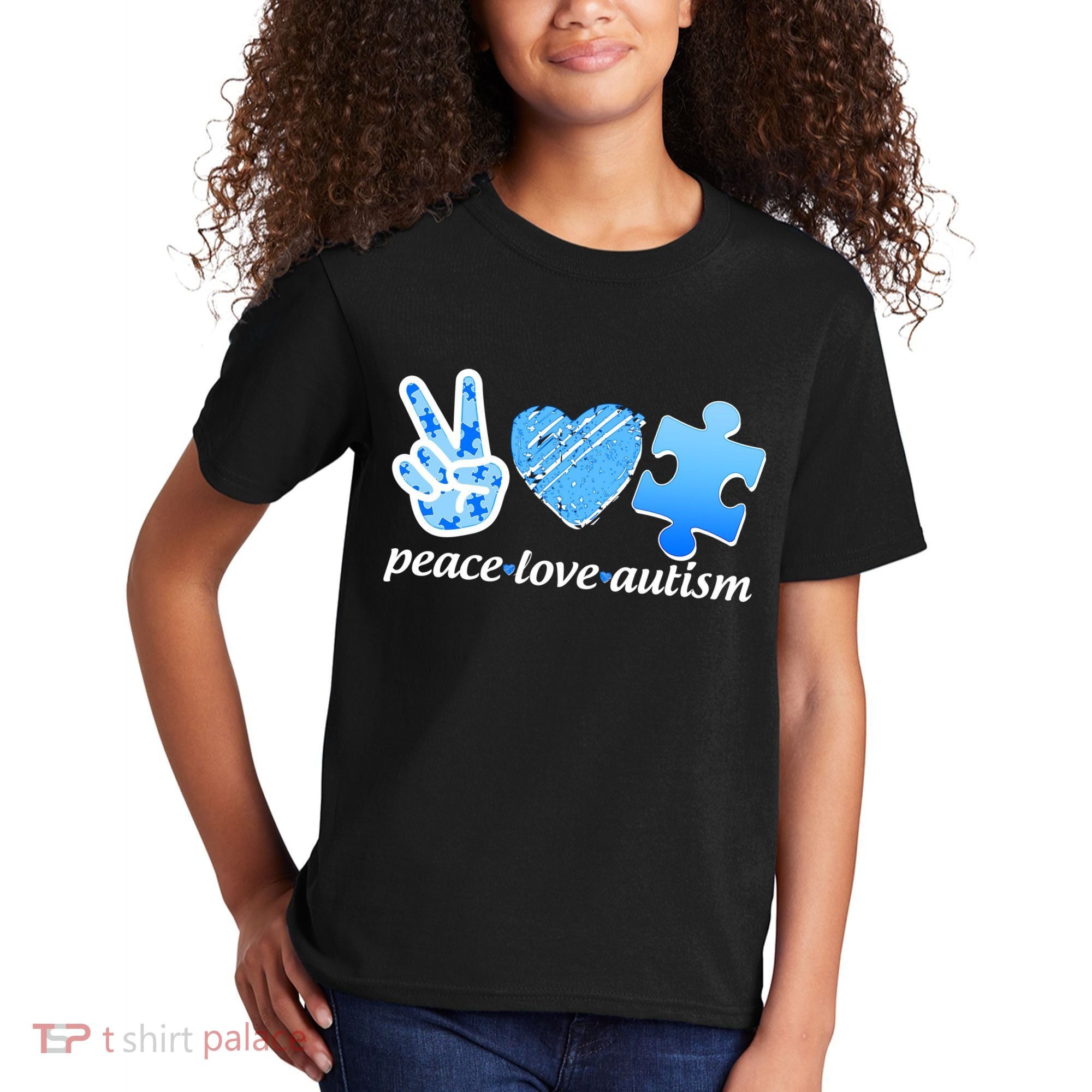 Blue Peace Love Autism  Kids T-Shirt