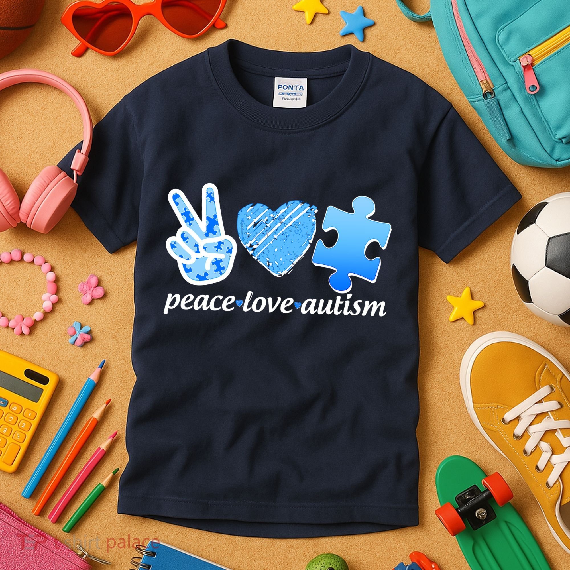 Blue Peace Love Autism  Kids T-Shirt
