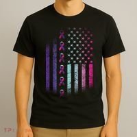 Blue Pink Teal Ribbon Flag Thyroid Cancer Awareness T-Shirt thumb 3