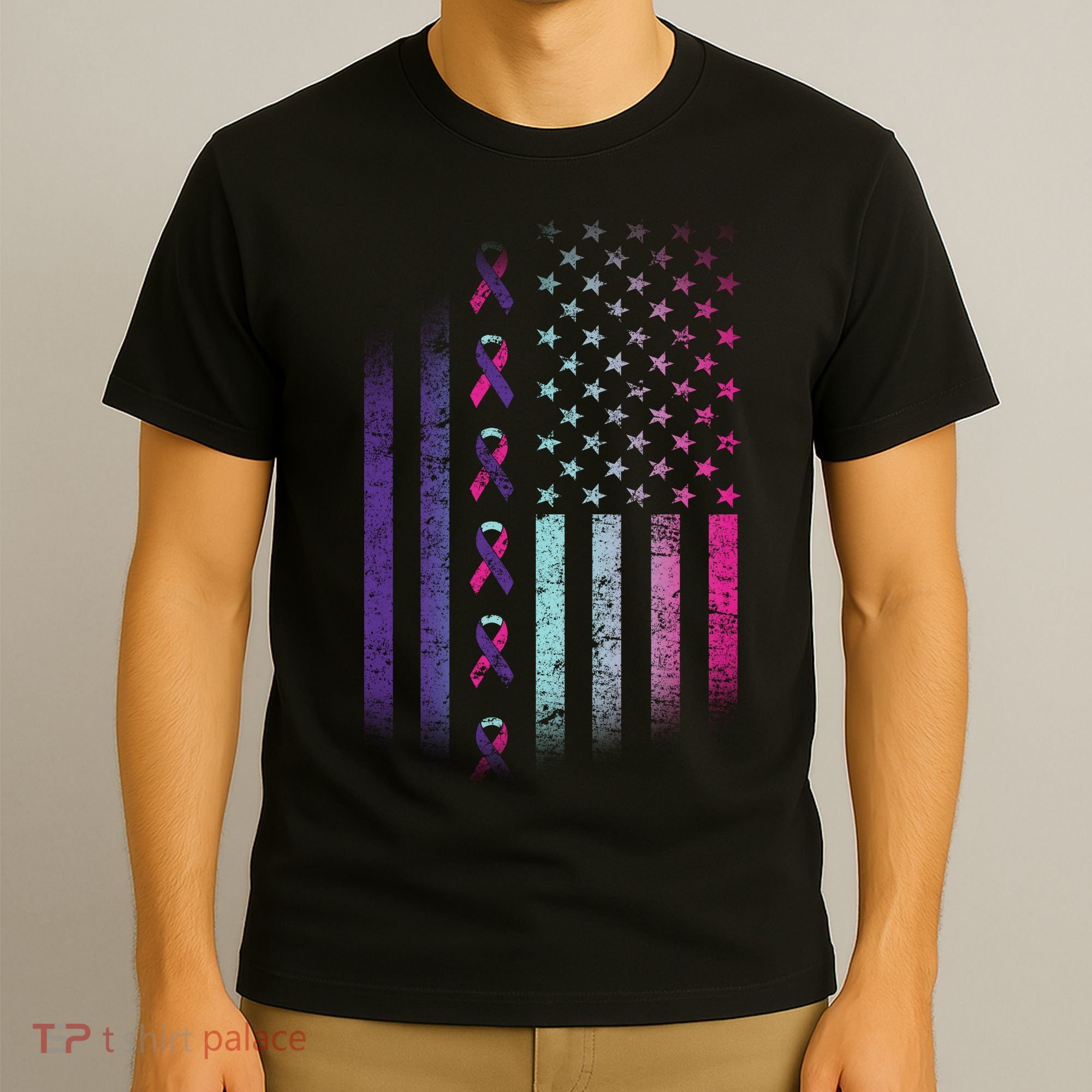 Blue Pink Teal Ribbon Flag Thyroid Cancer Awareness T-Shirt