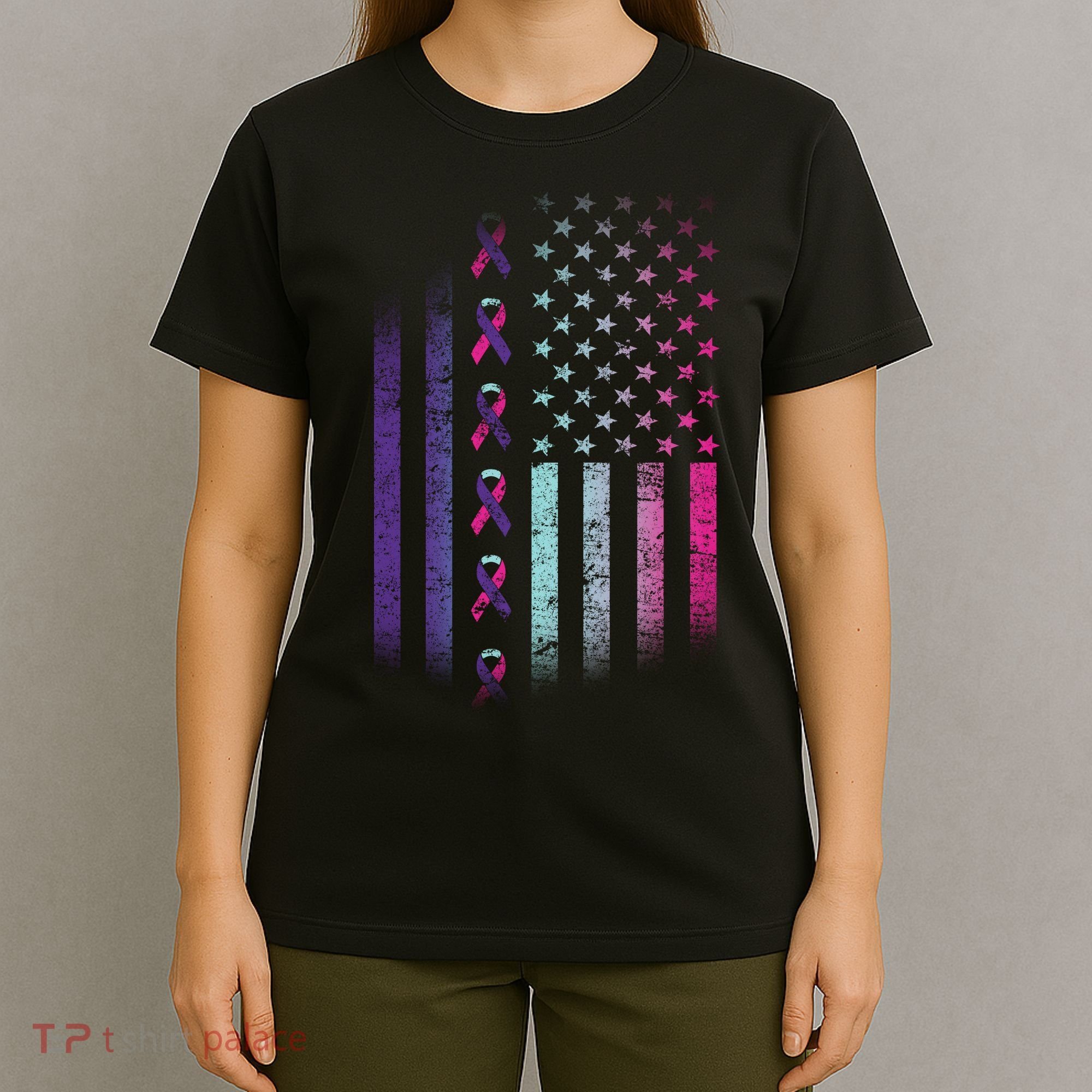 Blue Pink Teal Ribbon Flag Thyroid Cancer Awareness T-Shirt