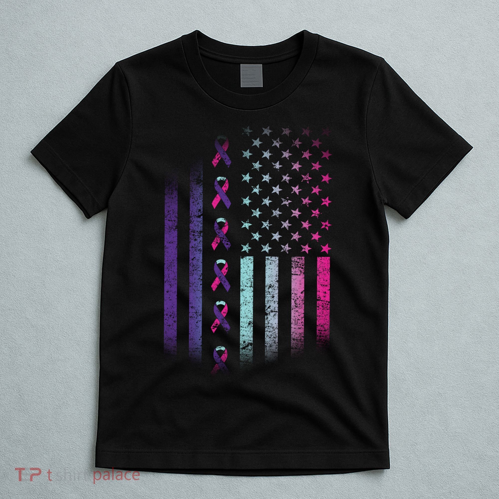 Blue Pink Teal Ribbon Flag Thyroid Cancer Awareness T-Shirt
