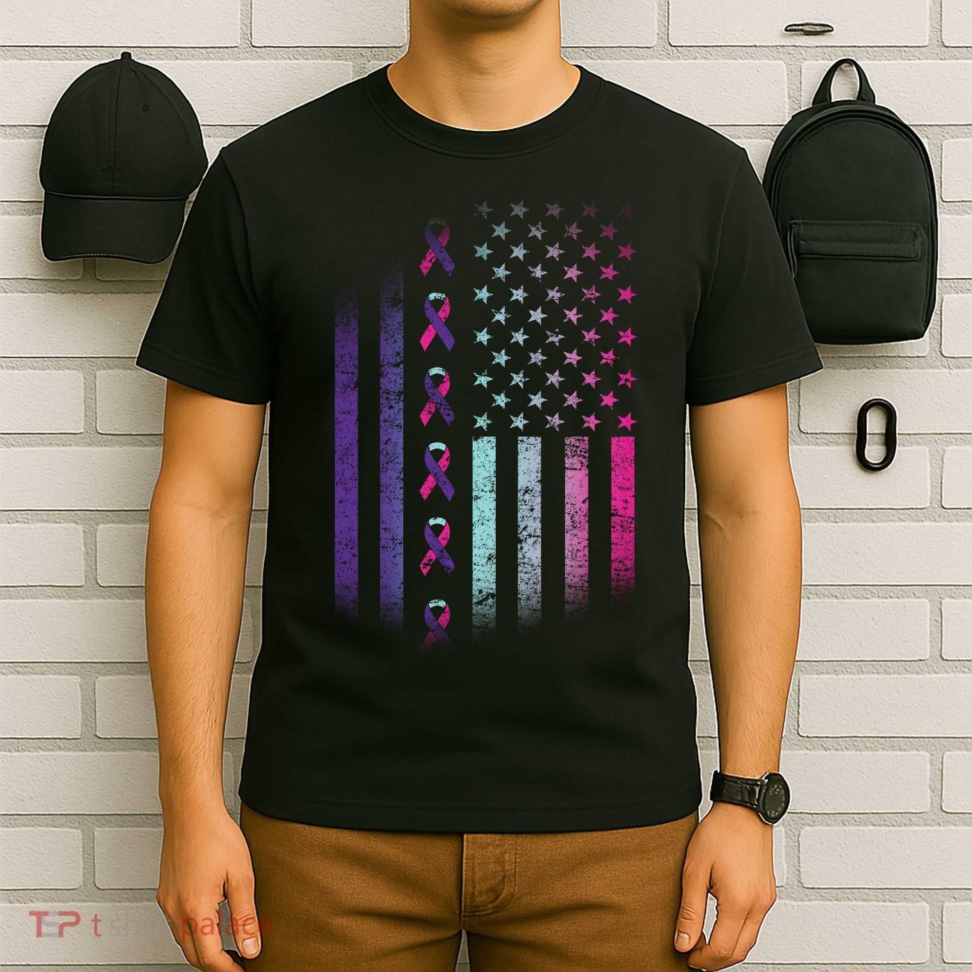 Blue Pink Teal Ribbon Flag Thyroid Cancer Awareness T-Shirt