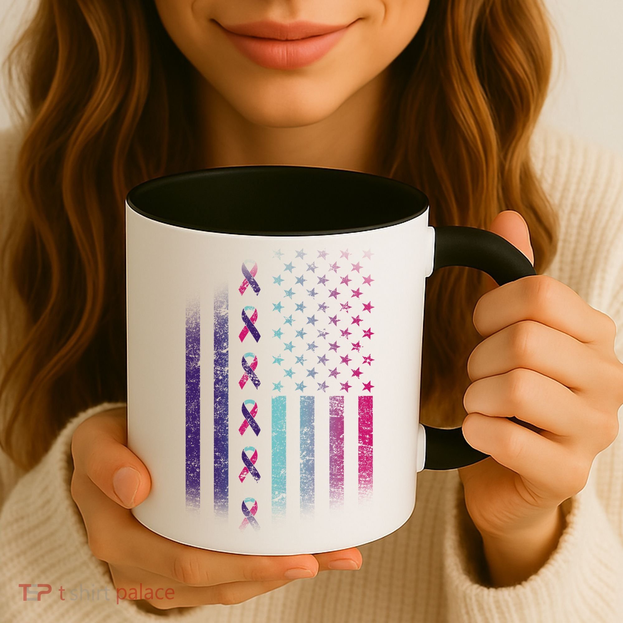 Blue Pink Teal Ribbon Flag Thyroid Cancer Awareness Coffee Mug
