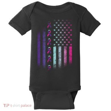Blue Pink Teal Ribbon Flag Thyroid Cancer Awareness Baby Bodysuit