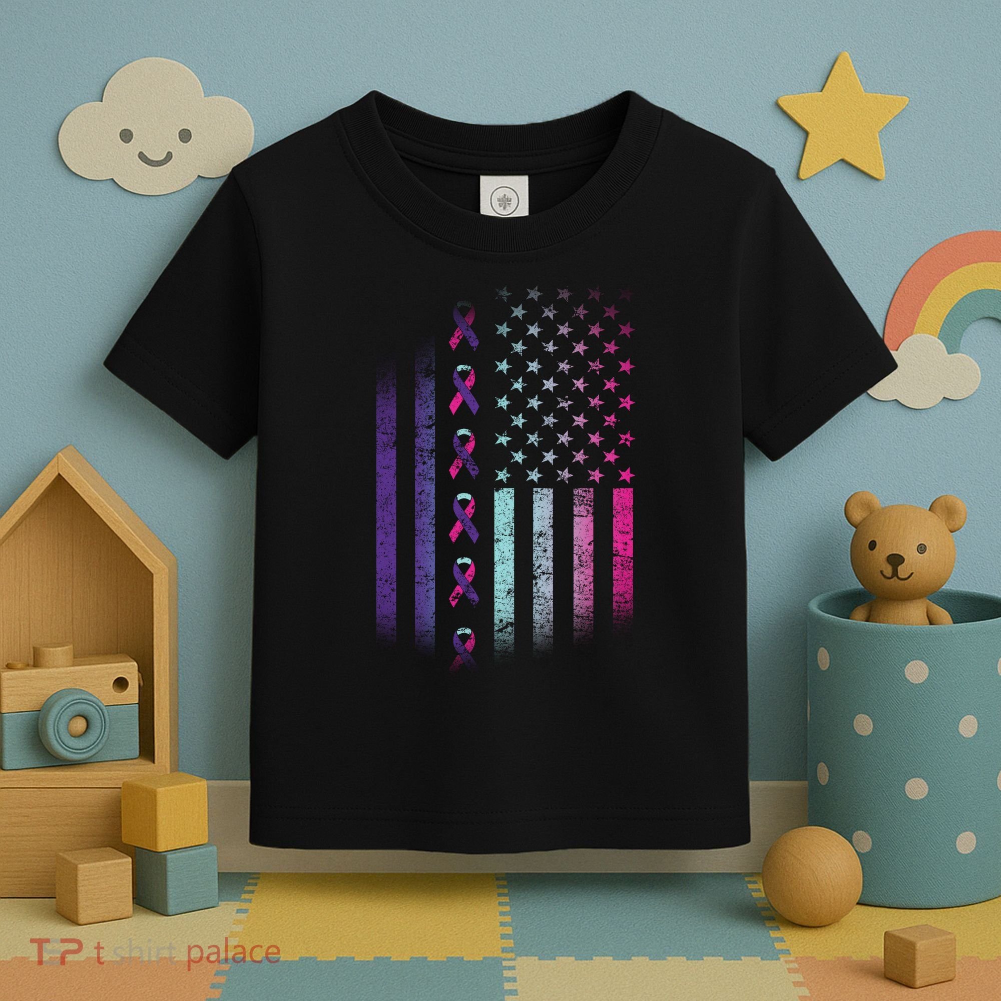 Blue Pink Teal Ribbon Flag Thyroid Cancer Awareness Toddler T-Shirt