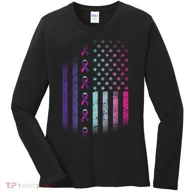 Blue Pink Teal Ribbon Flag Thyroid Cancer Awareness Women's Long Sleeve Shirt