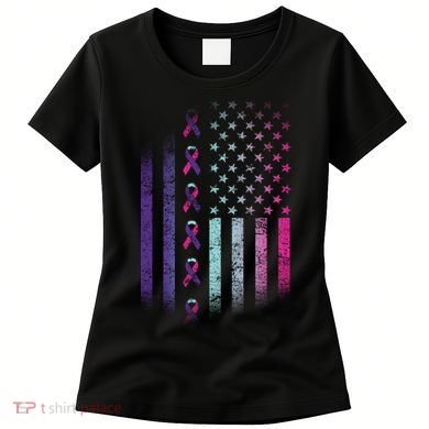 Blue Pink Teal Ribbon Flag Thyroid Cancer Awareness Women's T-Shirt