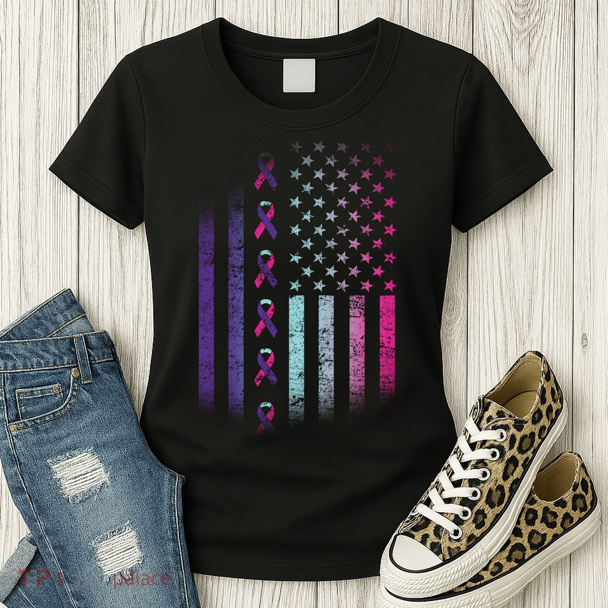 Blue Pink Teal Ribbon Flag Thyroid Cancer Awareness Women's T-Shirt