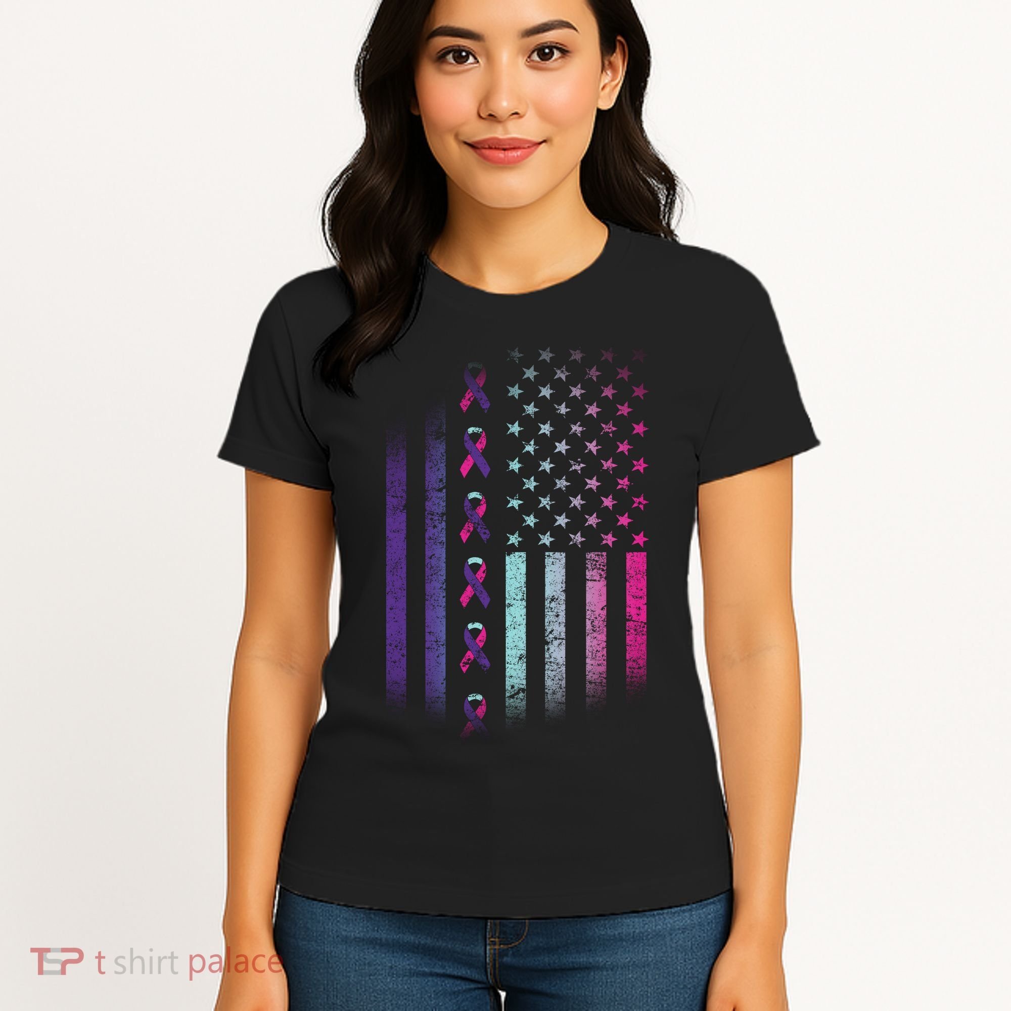 Blue Pink Teal Ribbon Flag Thyroid Cancer Awareness Women's T-Shirt
