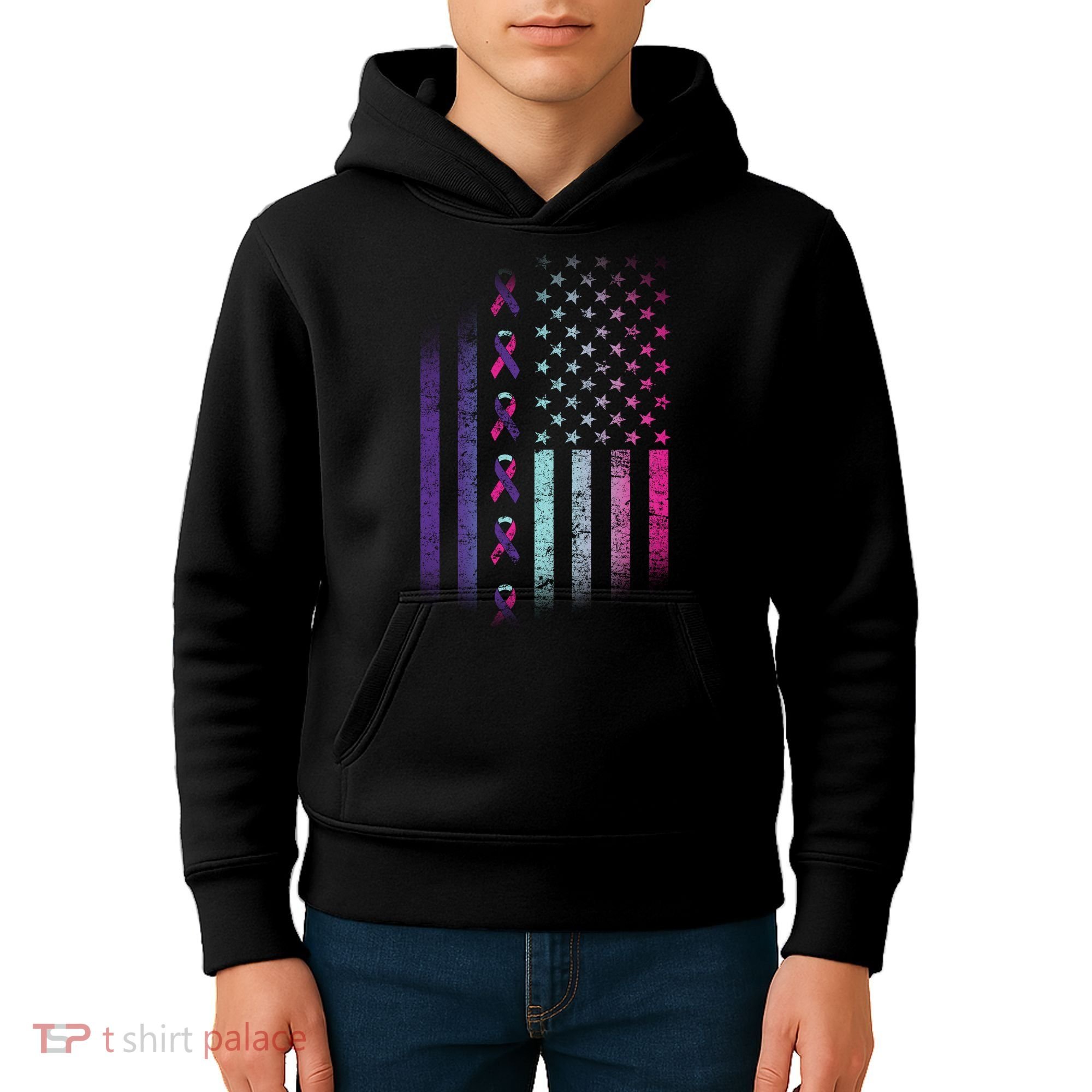 Blue Pink Teal Ribbon Flag Thyroid Cancer Awareness Kids Hoodie