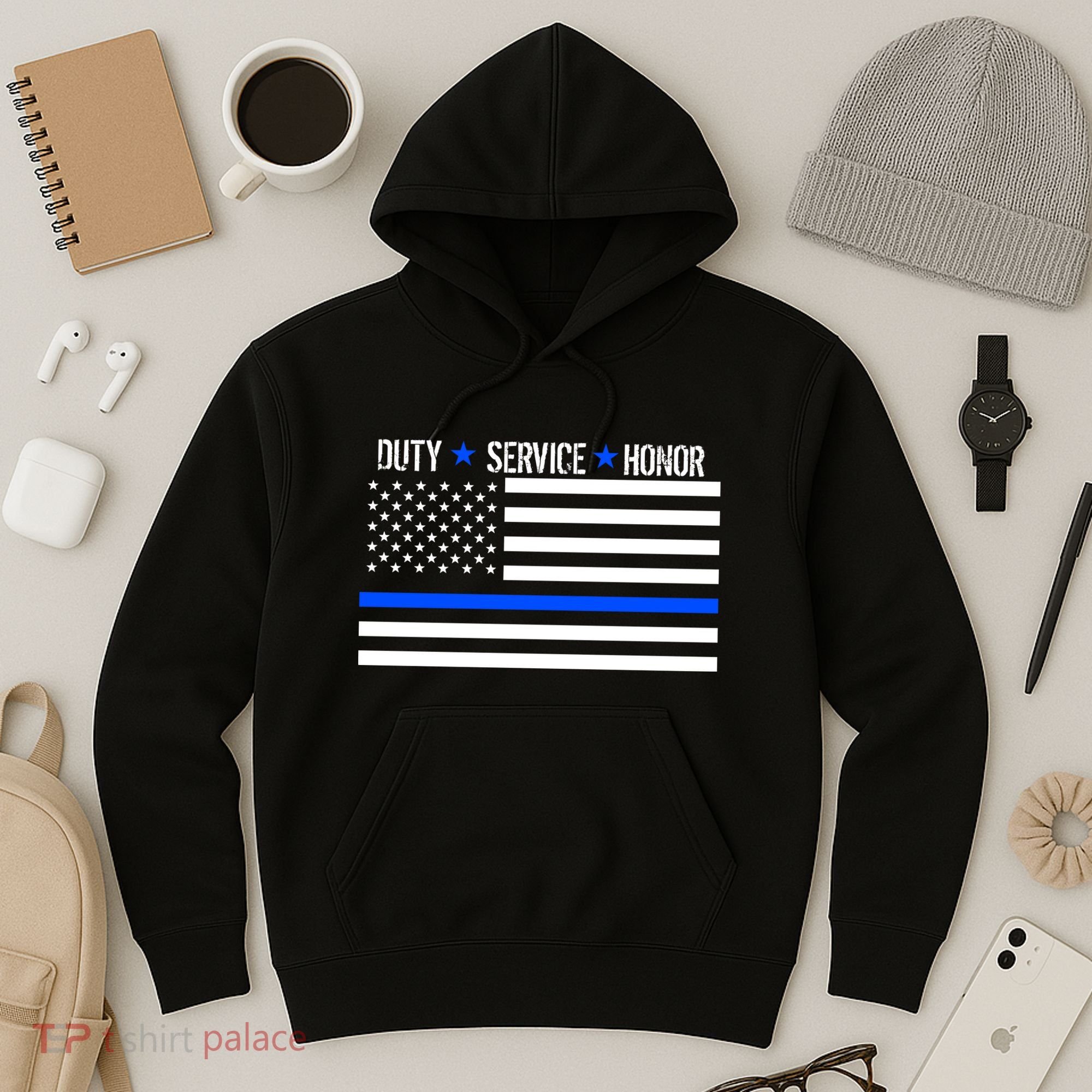 Blue Ribbon USA Flag Support Police Hoodie