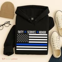 Blue Ribbon USA Flag Support Police Hoodie thumb 4