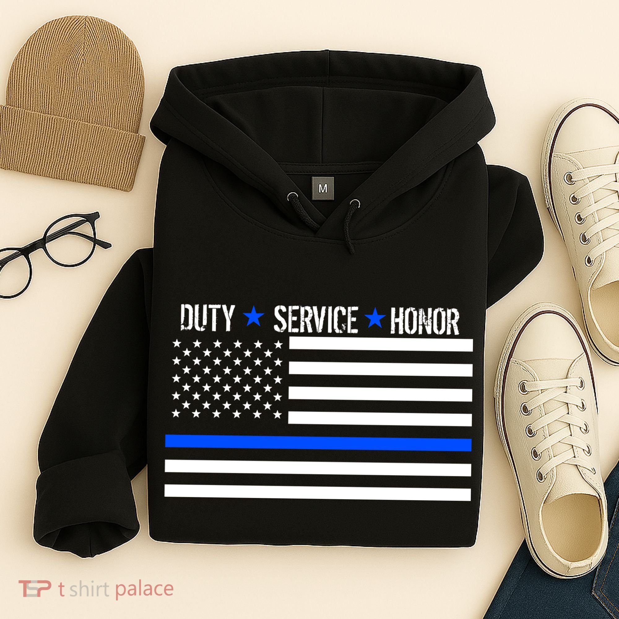 Blue Ribbon USA Flag Support Police Hoodie