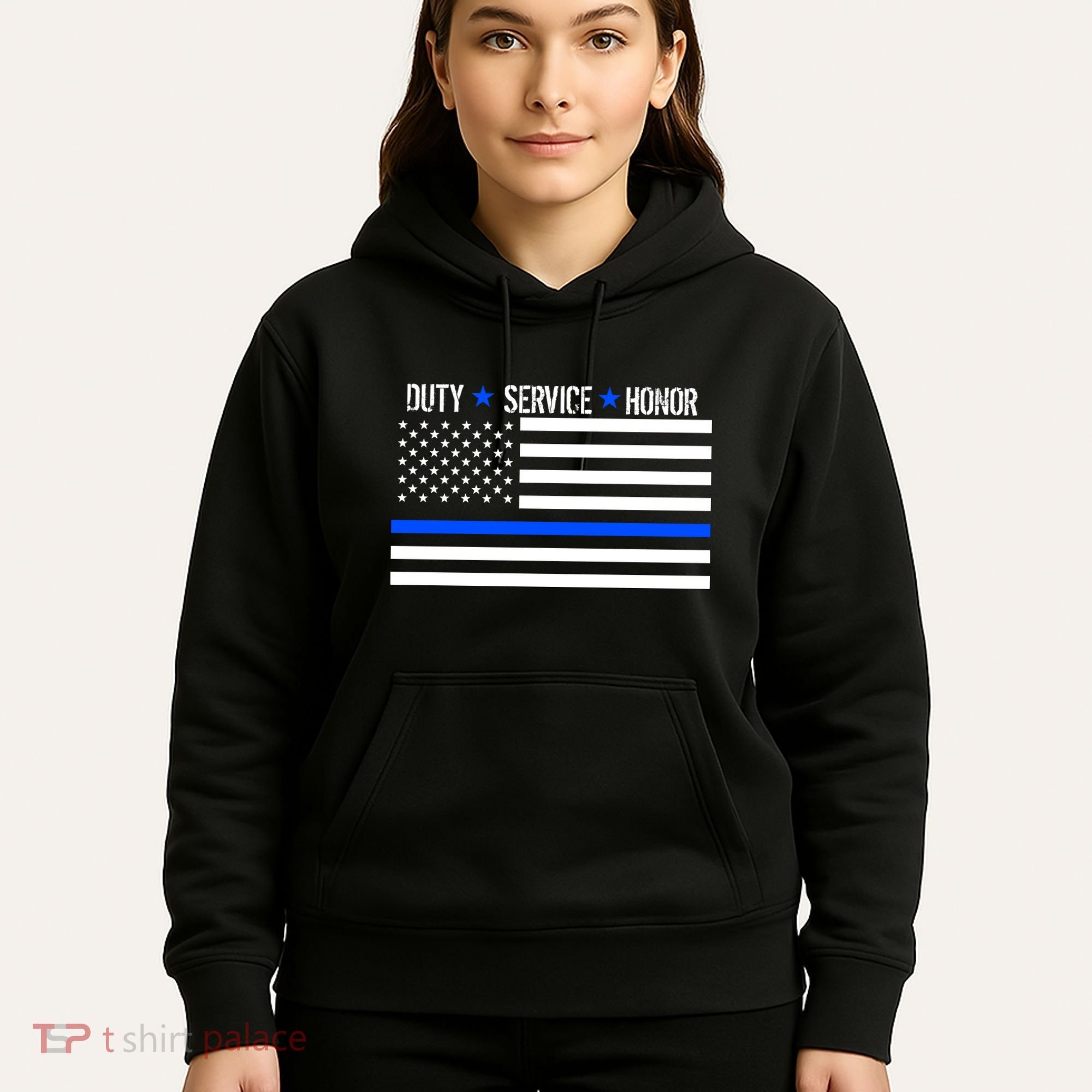 Blue Ribbon USA Flag Support Police Hoodie