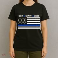 Blue Ribbon USA Flag Support Police T-Shirt thumb 4