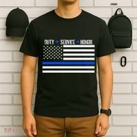 Blue Ribbon USA Flag Support Police T-Shirt thumb 6