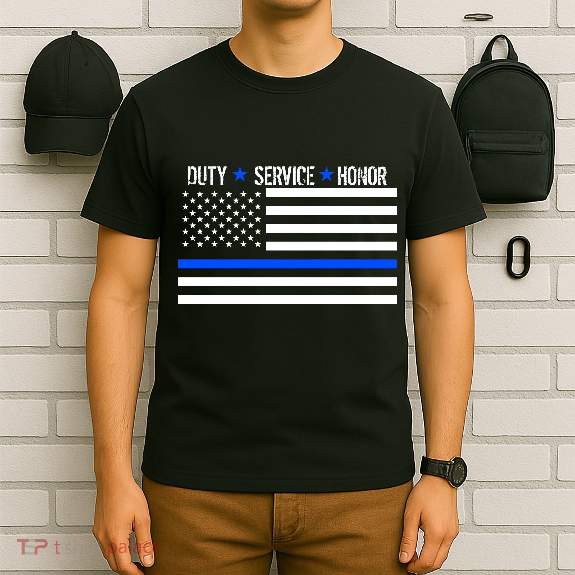 Blue Ribbon USA Flag Support Police T-Shirt