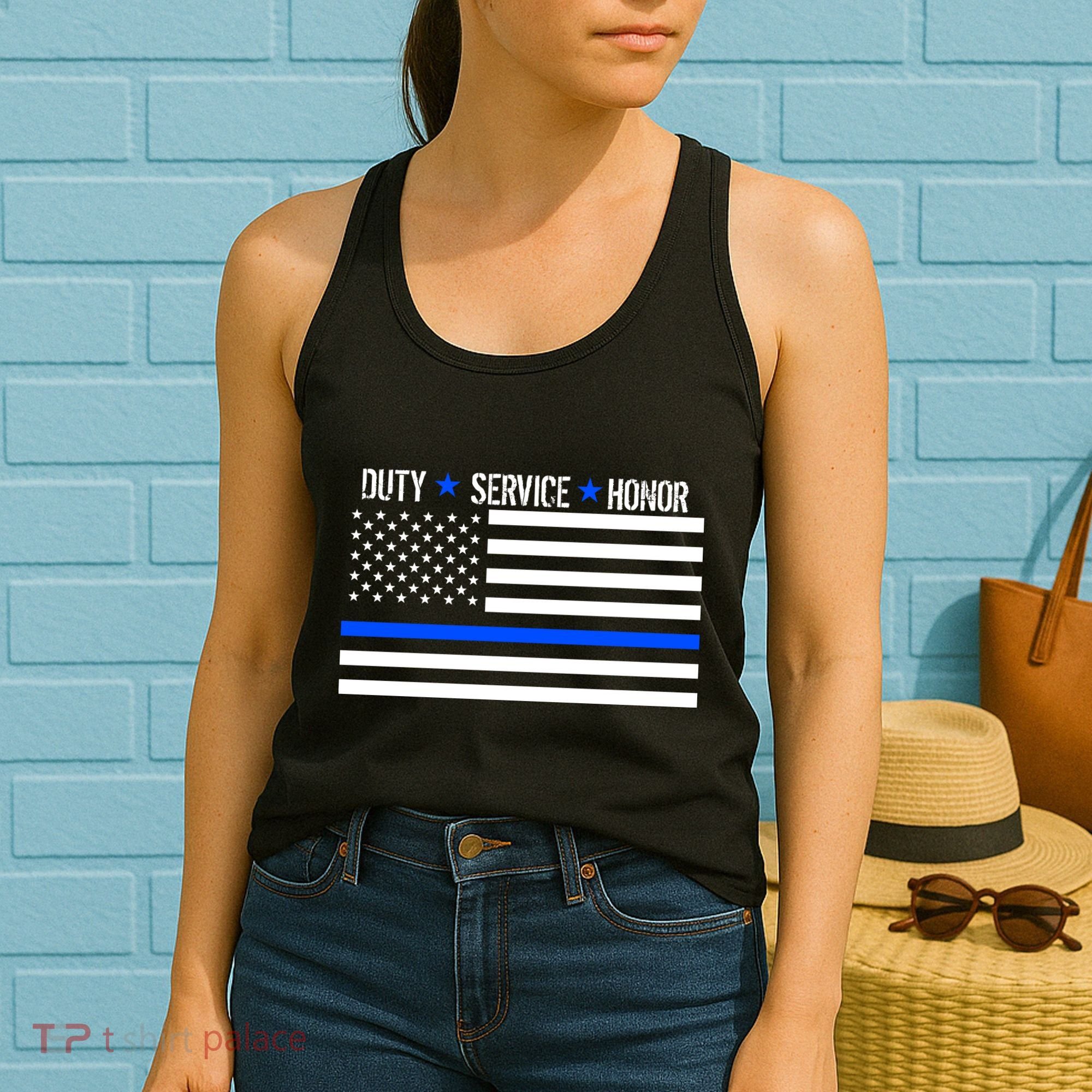 Blue Ribbon USA Flag Support Police Women's Tank Top