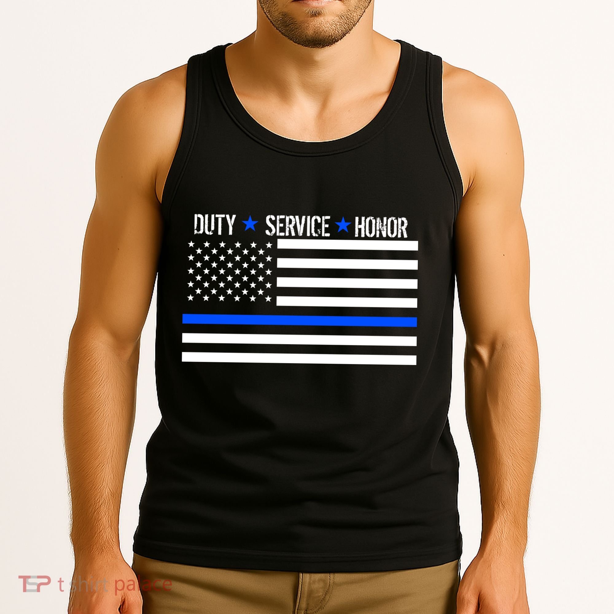 Blue Ribbon USA Flag Support Police Tank Top