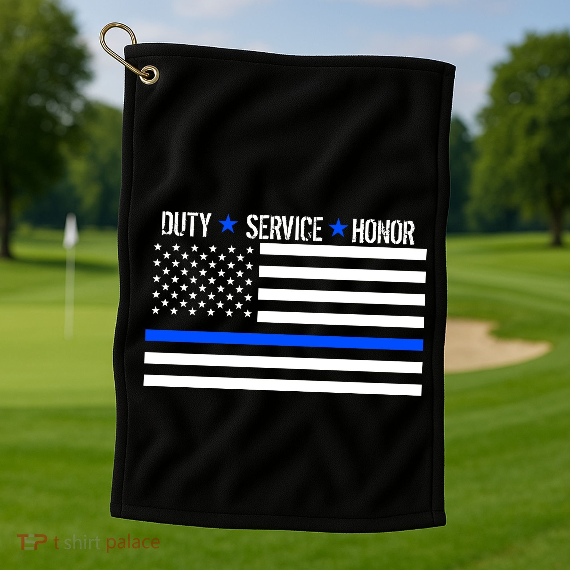 Blue Ribbon USA Flag Support Police Golf Towel