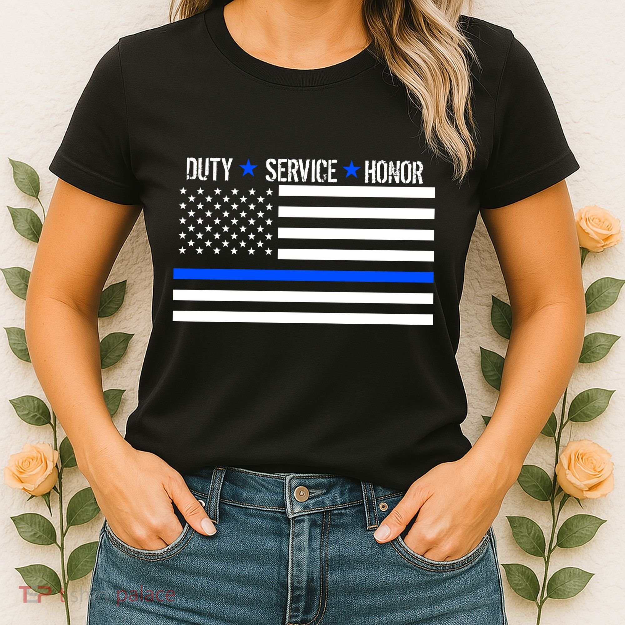 Blue Ribbon USA Flag Support Police Women's T-Shirt