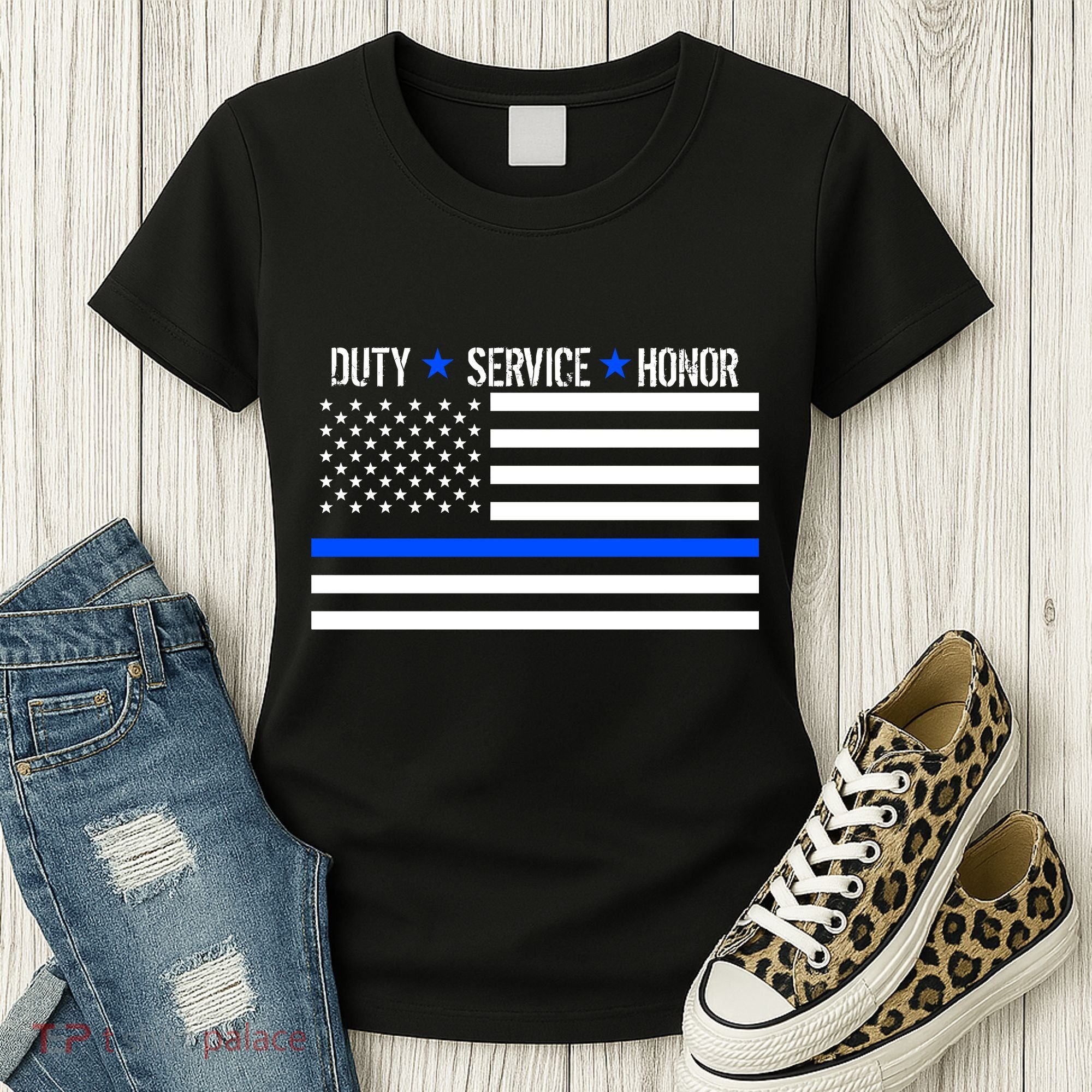 Blue Ribbon USA Flag Support Police Women's T-Shirt