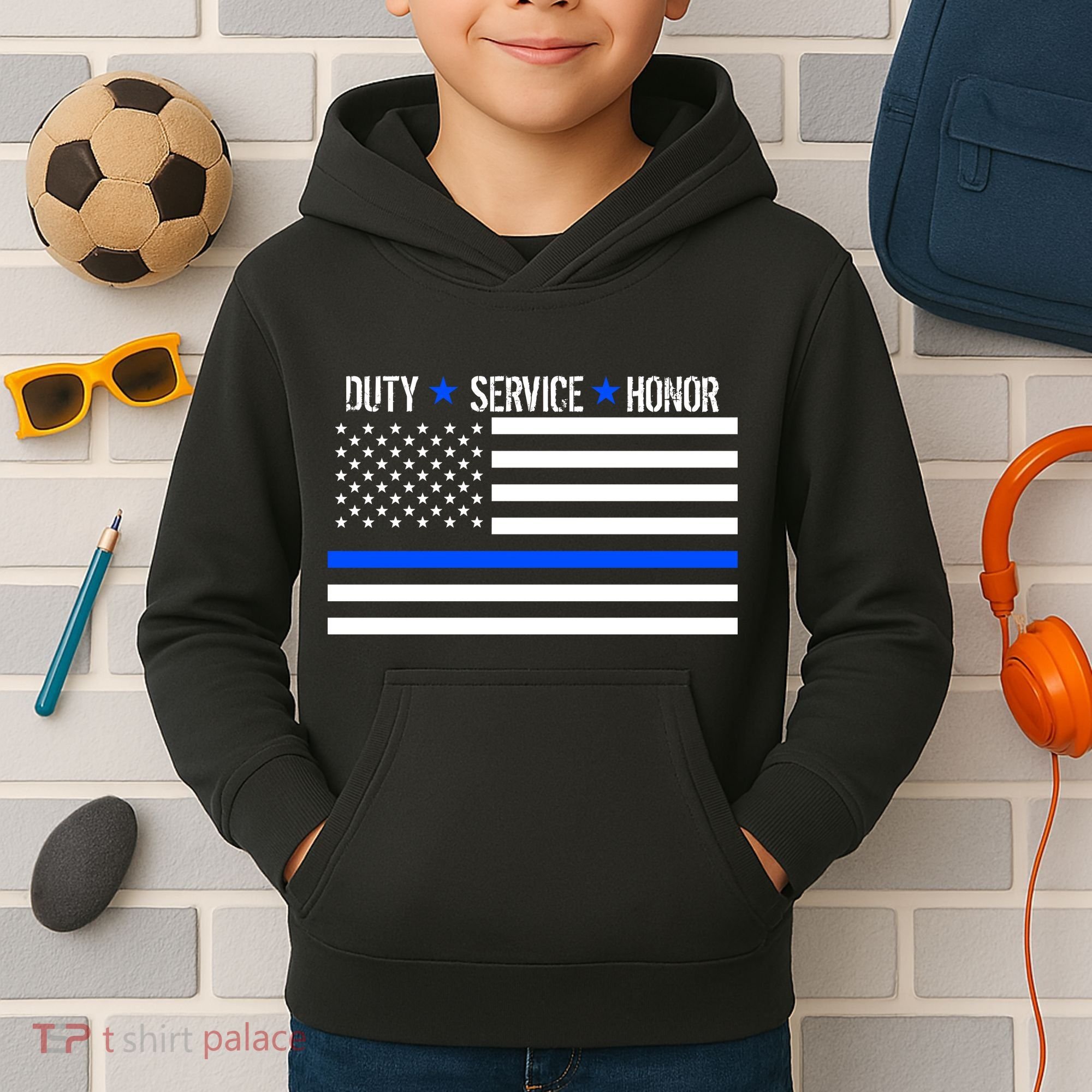 Blue Ribbon USA Flag Support Police Kids Hoodie