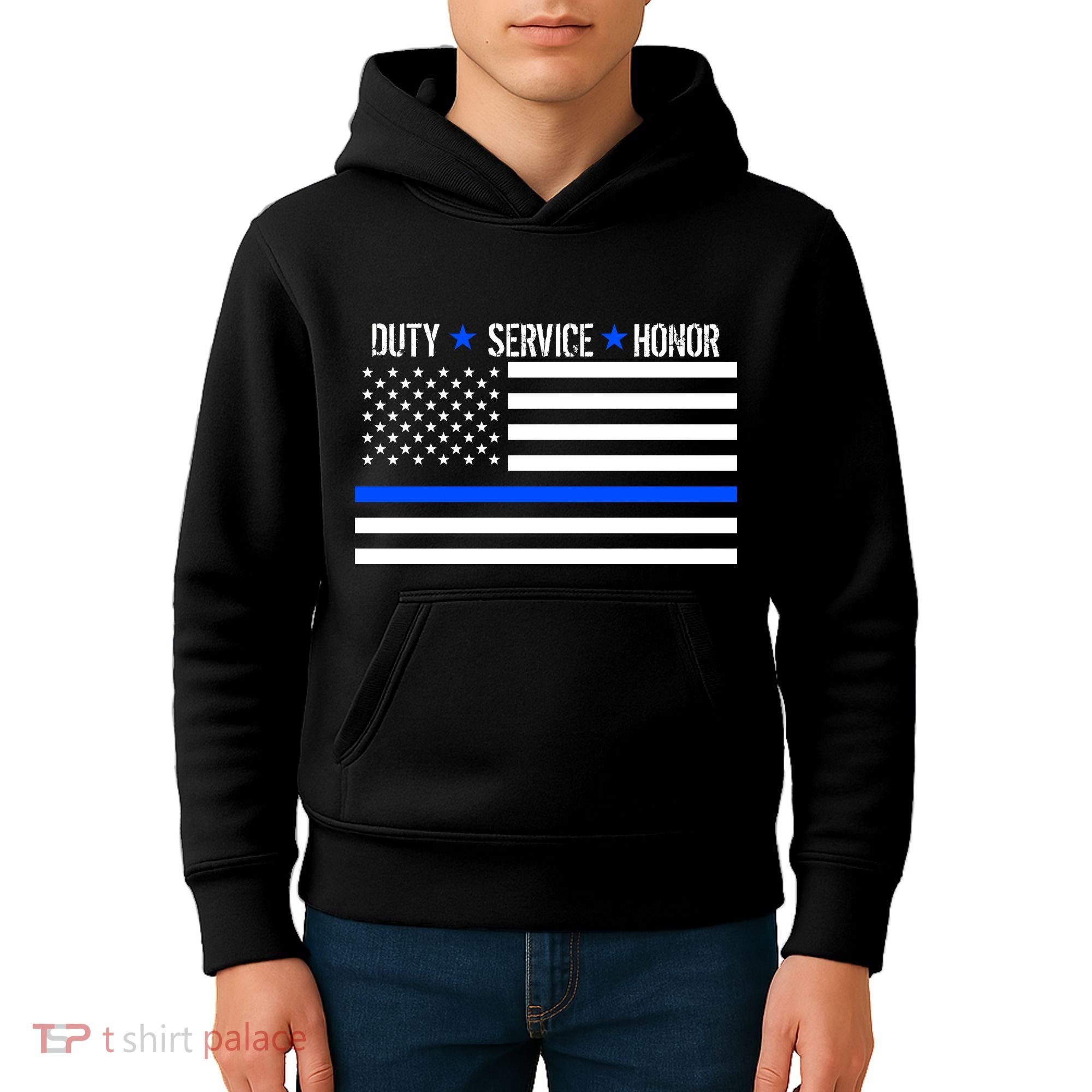 Blue Ribbon USA Flag Support Police Kids Hoodie
