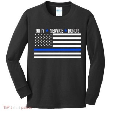 Blue Ribbon USA Flag Support Police Kids Long Sleeve Shirt
