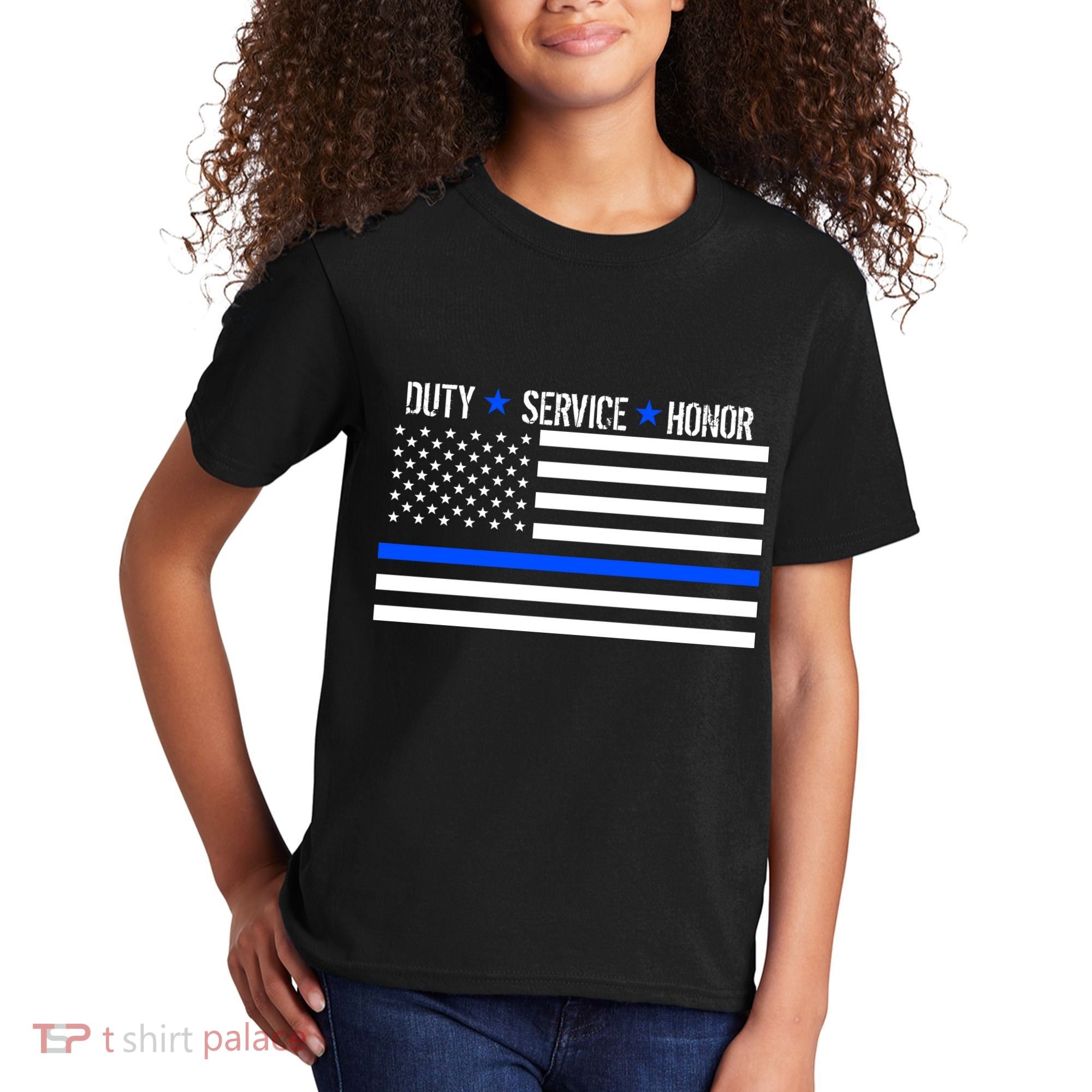 Blue Ribbon USA Flag Support Police Kids T-Shirt
