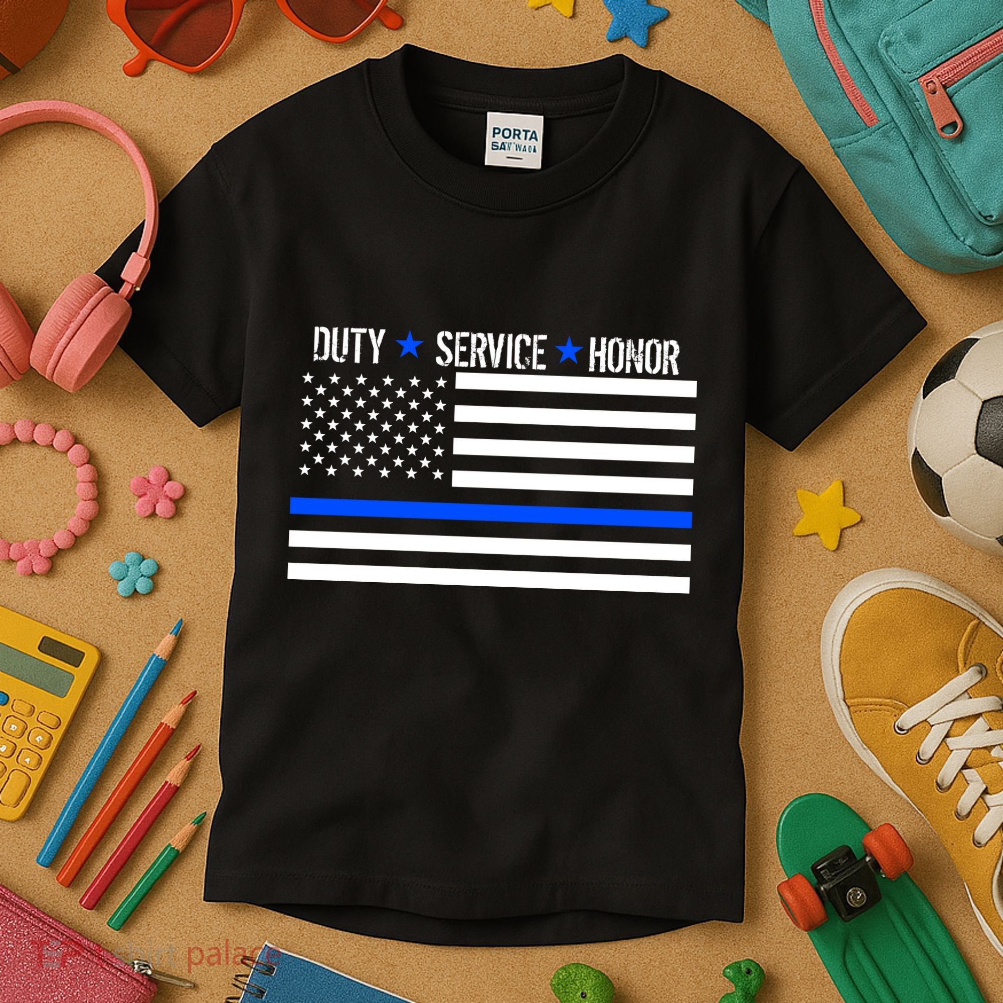 Blue Ribbon USA Flag Support Police Kids T-Shirt