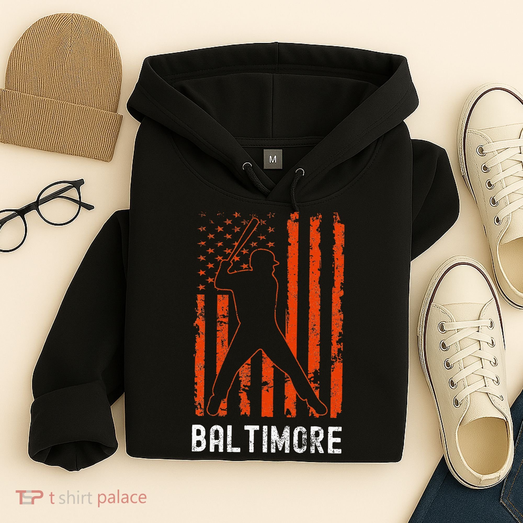 Baltimore Maryland American Flag Baseball Weathered Hoodie