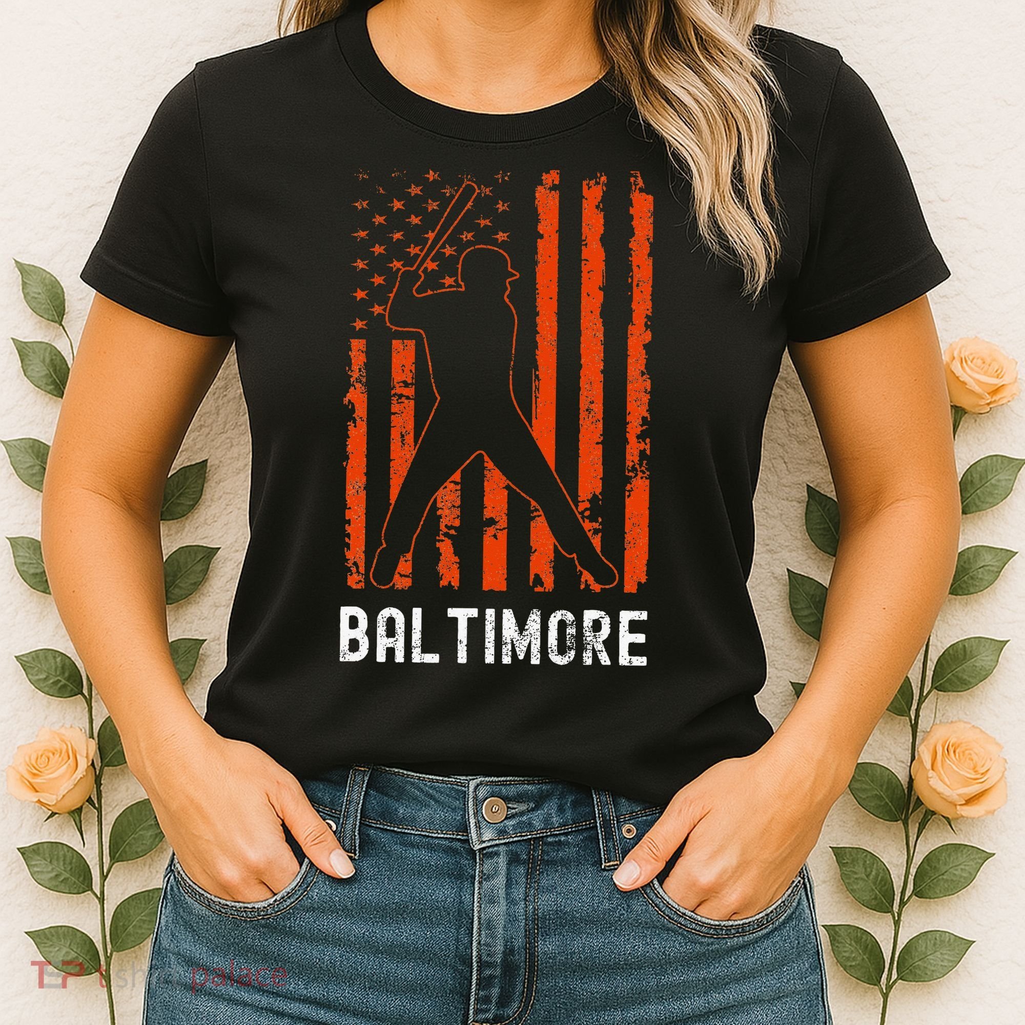 Baltimore Maryland American Flag Baseball Weathered Women's T-Shirt