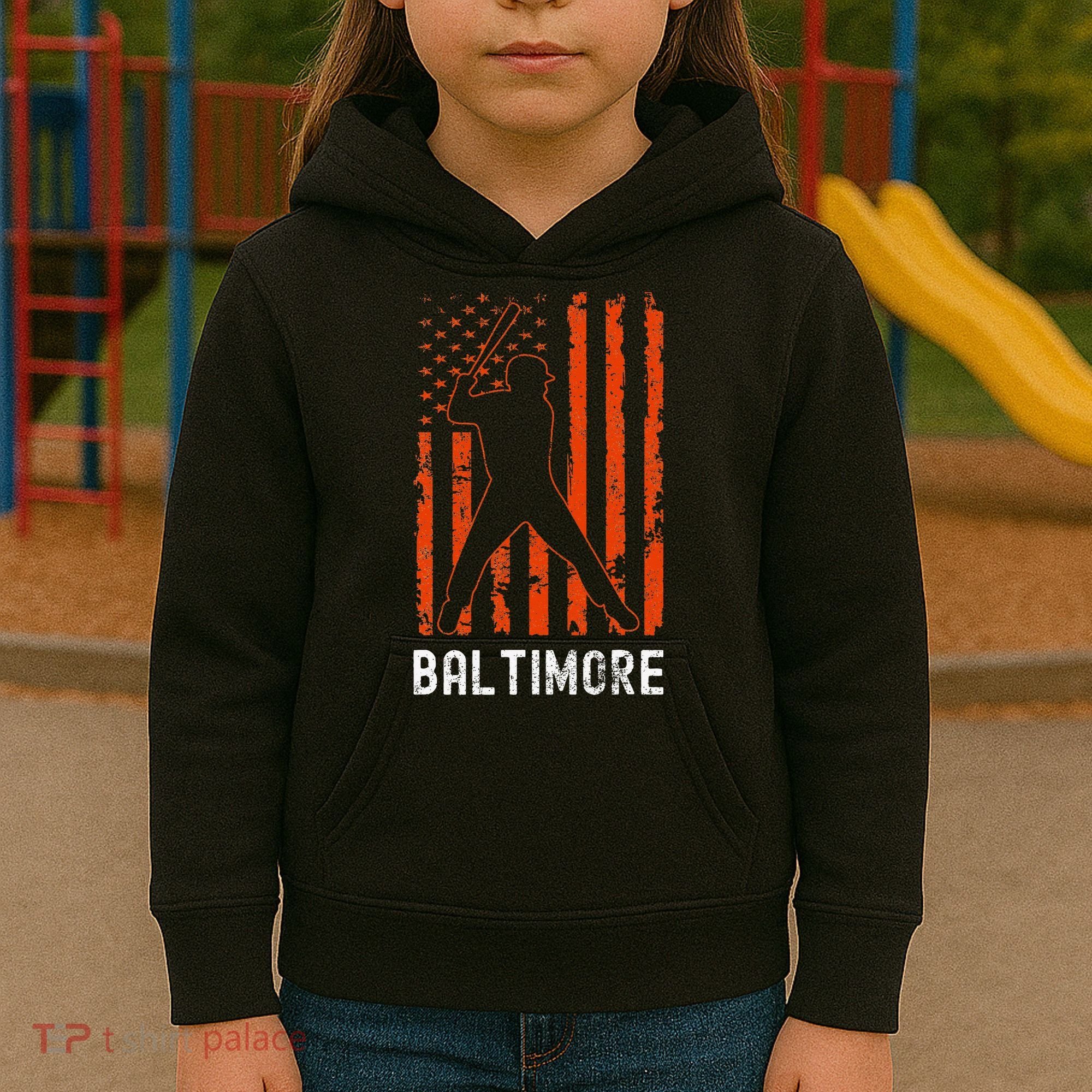 Baltimore Maryland American Flag Baseball Weathered Kids Hoodie