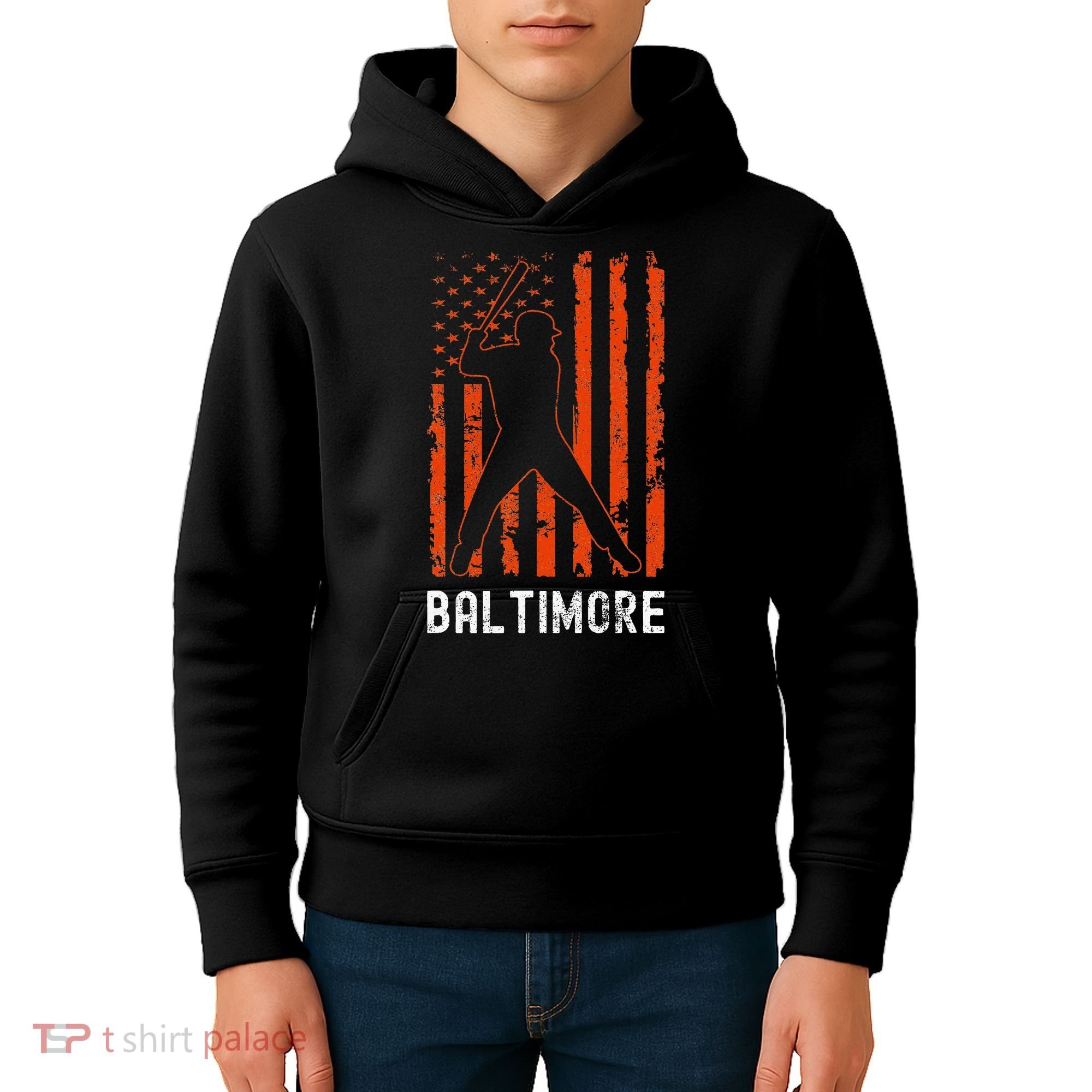 Baltimore Maryland American Flag Baseball Weathered Kids Hoodie