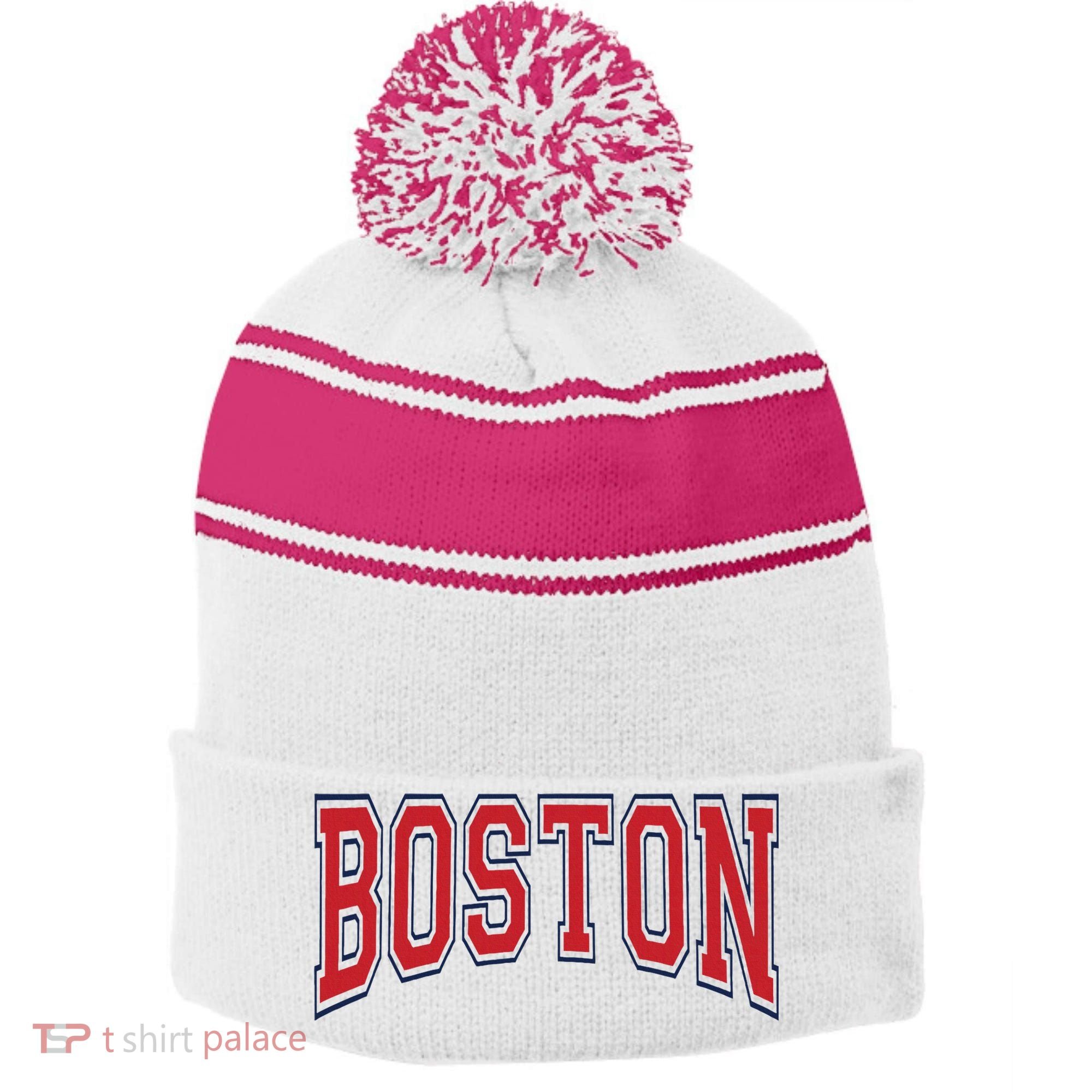 Boston Massachusetts Stripe Pom Pom Beanie
