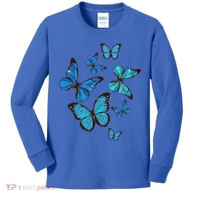 Blue Morpho Butterfly Swarm Lepidoptera Lover Entomologist Kids Long Sleeve Shirt