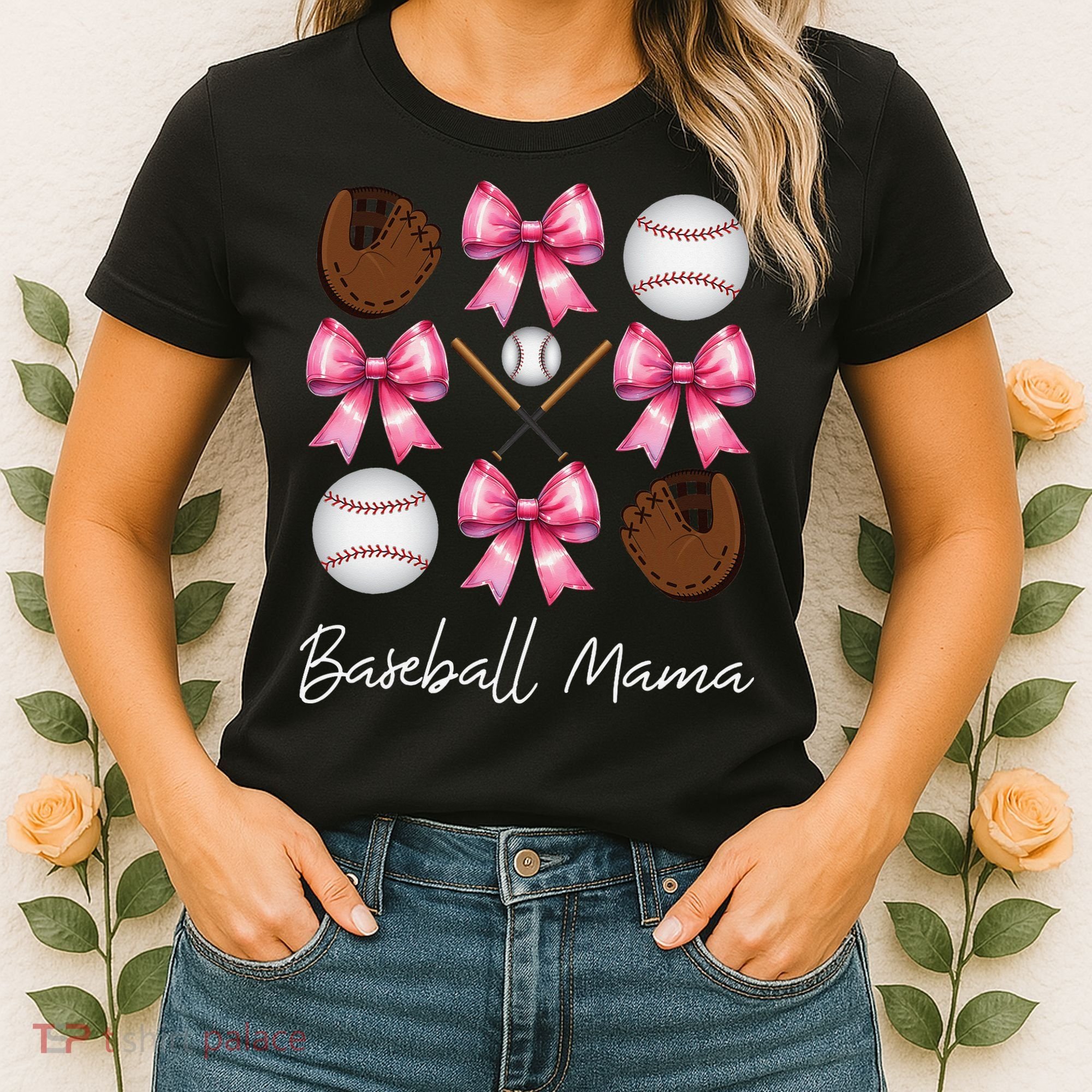 Baseball Mama Baseball Mom Mothers Day Mommy Coquette Bow Women's T-Shirt