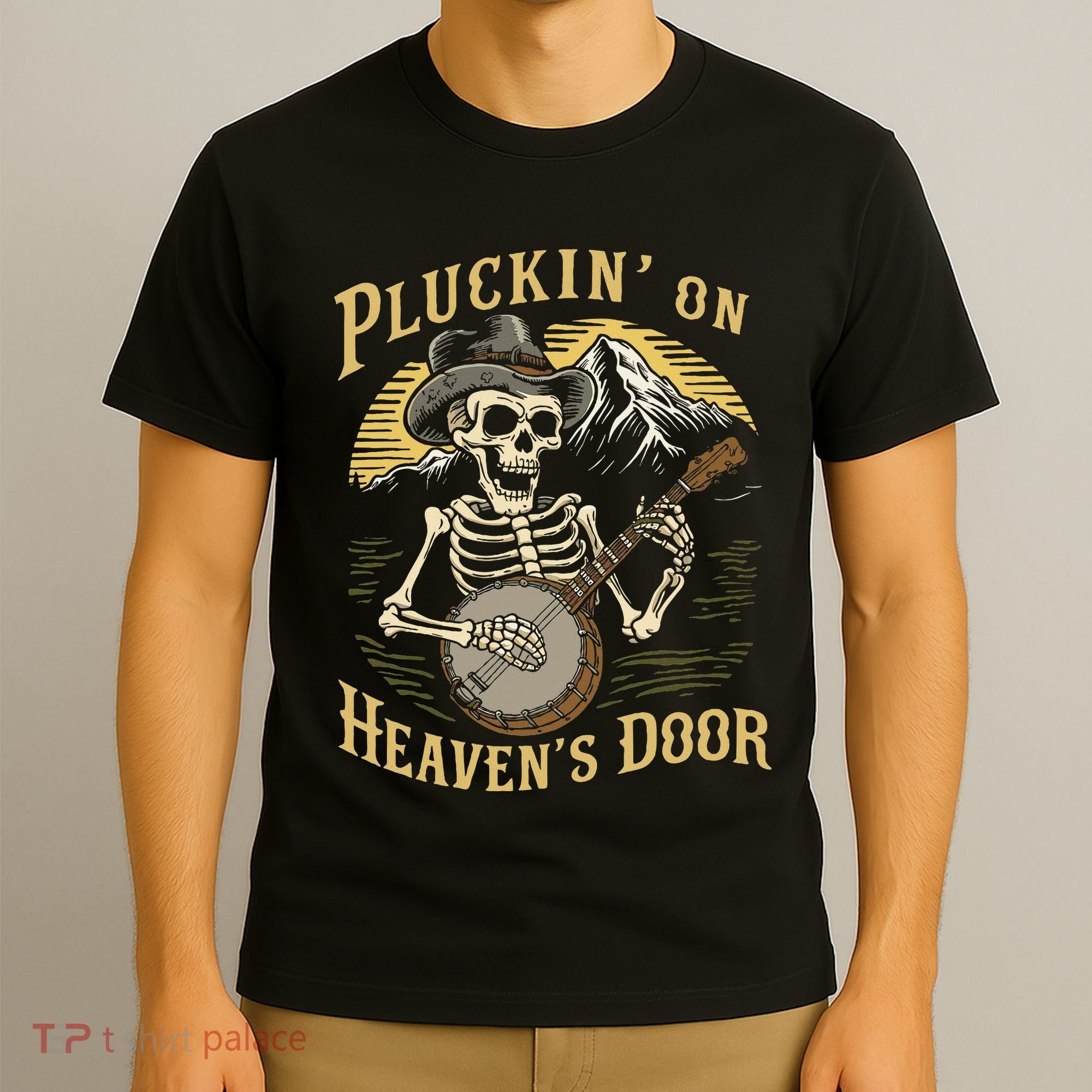 Bluegrass Music Banjo Skeleton Pluckin On Heavens Door T-Shirt