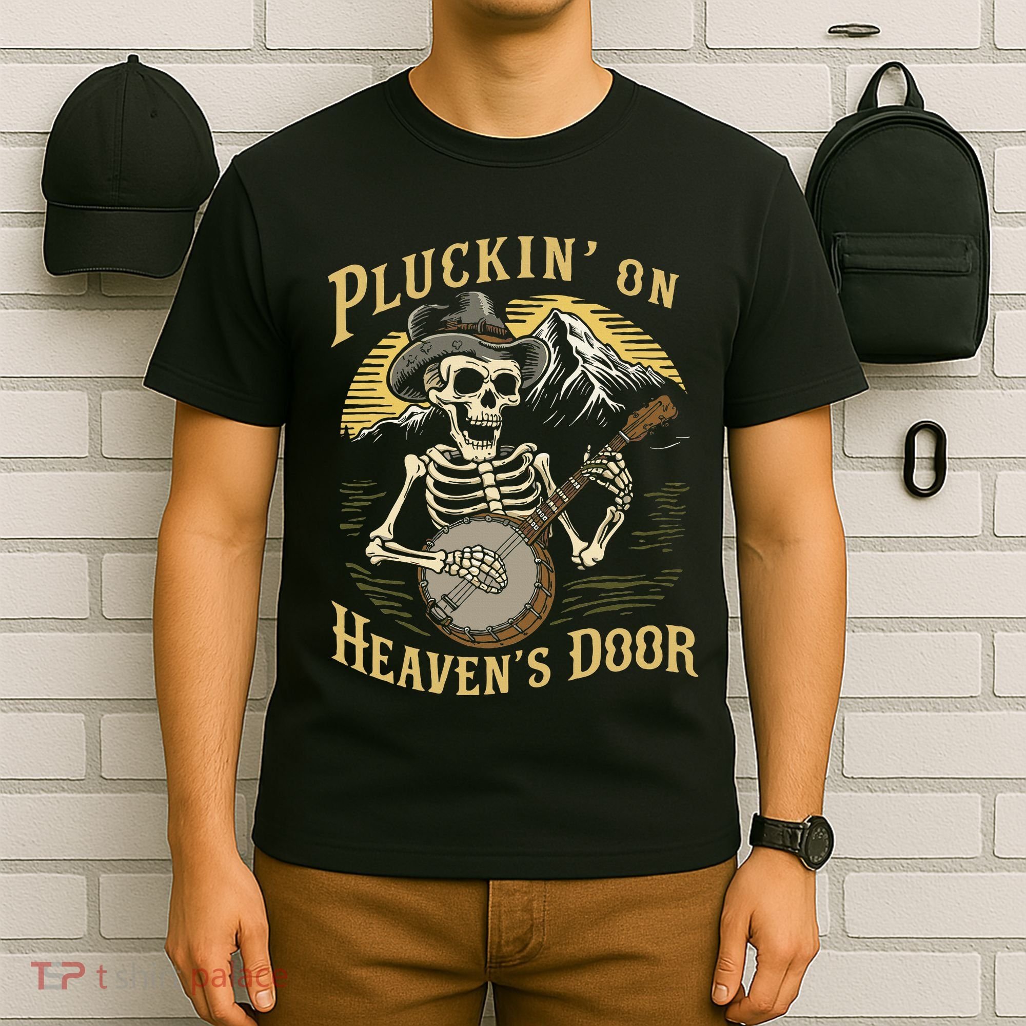 Bluegrass Music Banjo Skeleton Pluckin On Heavens Door T-Shirt