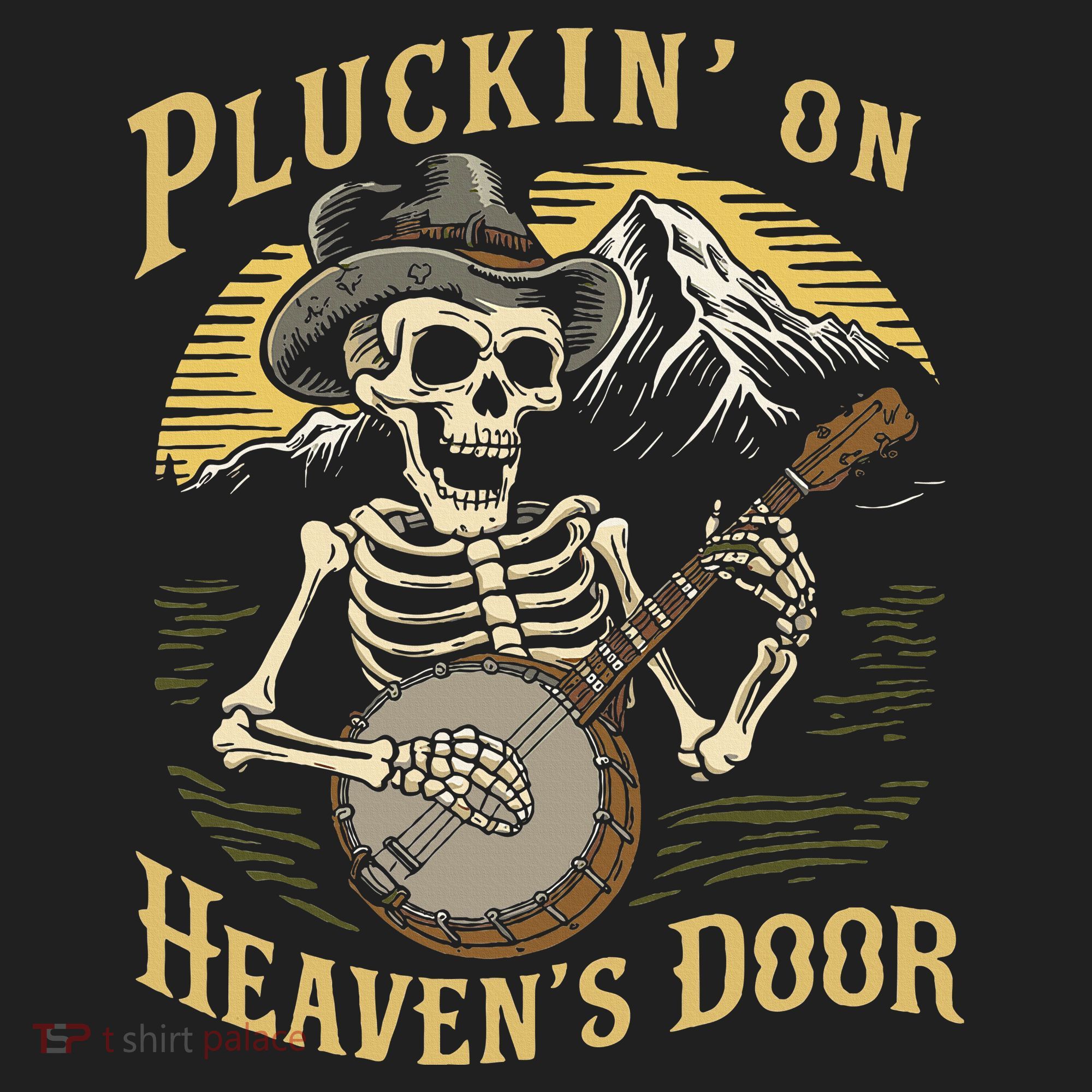 Bluegrass Music Banjo Skeleton Pluckin On Heavens Door Hat