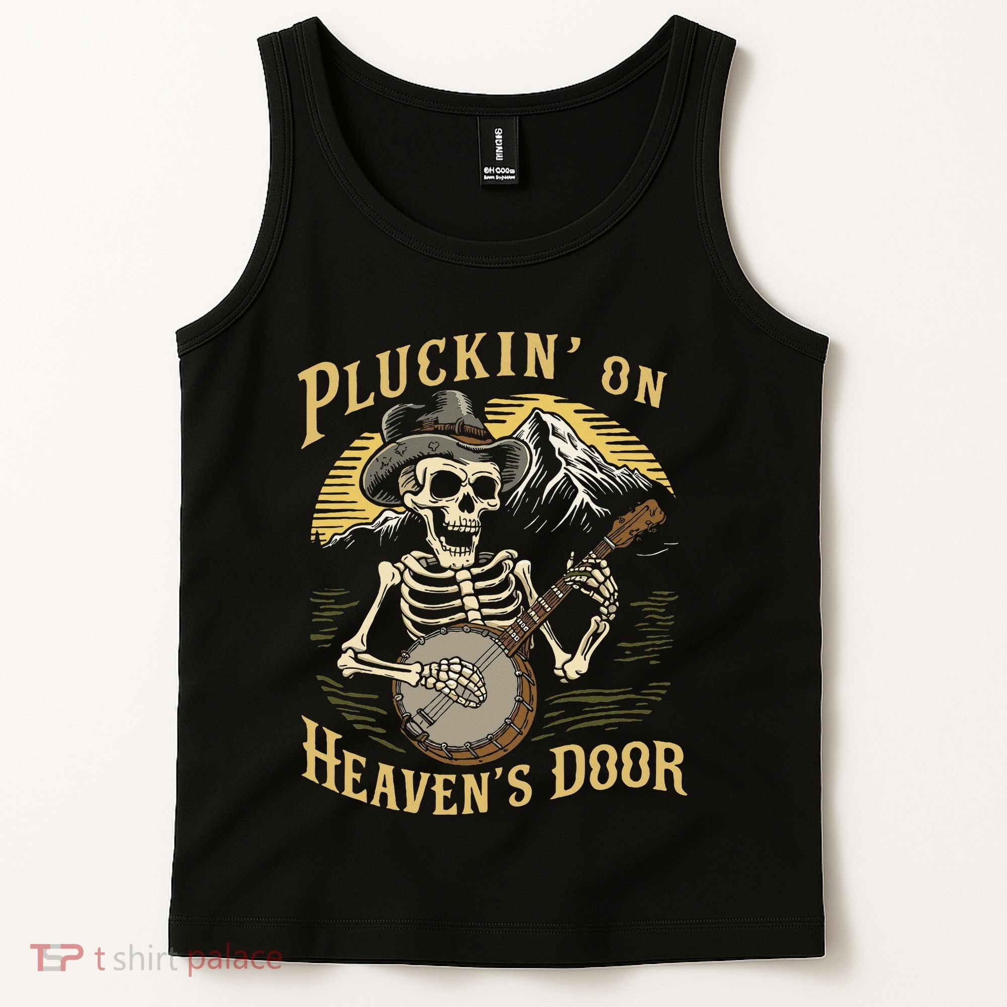 Bluegrass Music Banjo Skeleton Pluckin On Heavens Door Tank Top