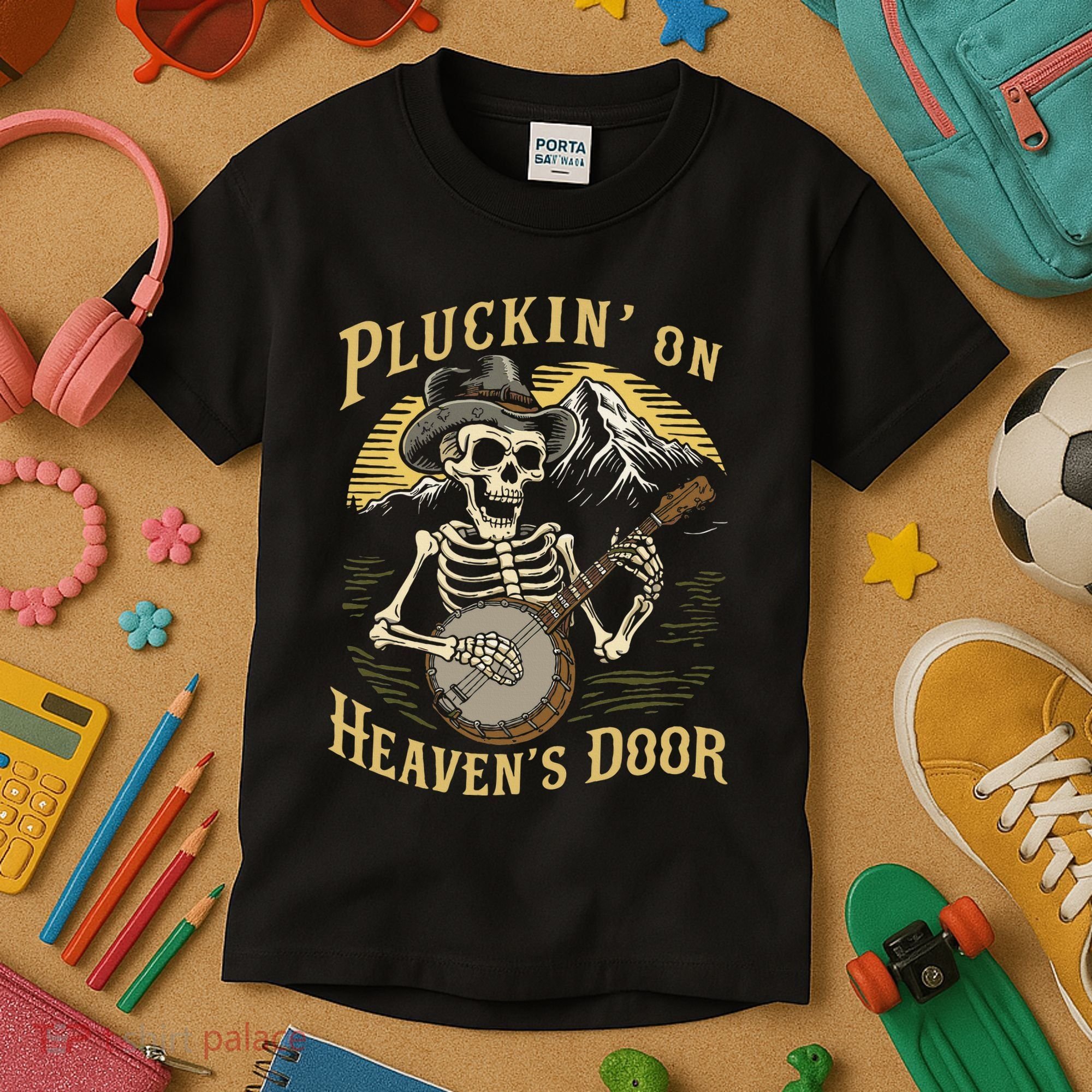Bluegrass Music Banjo Skeleton Pluckin On Heavens Door Kids T-Shirt
