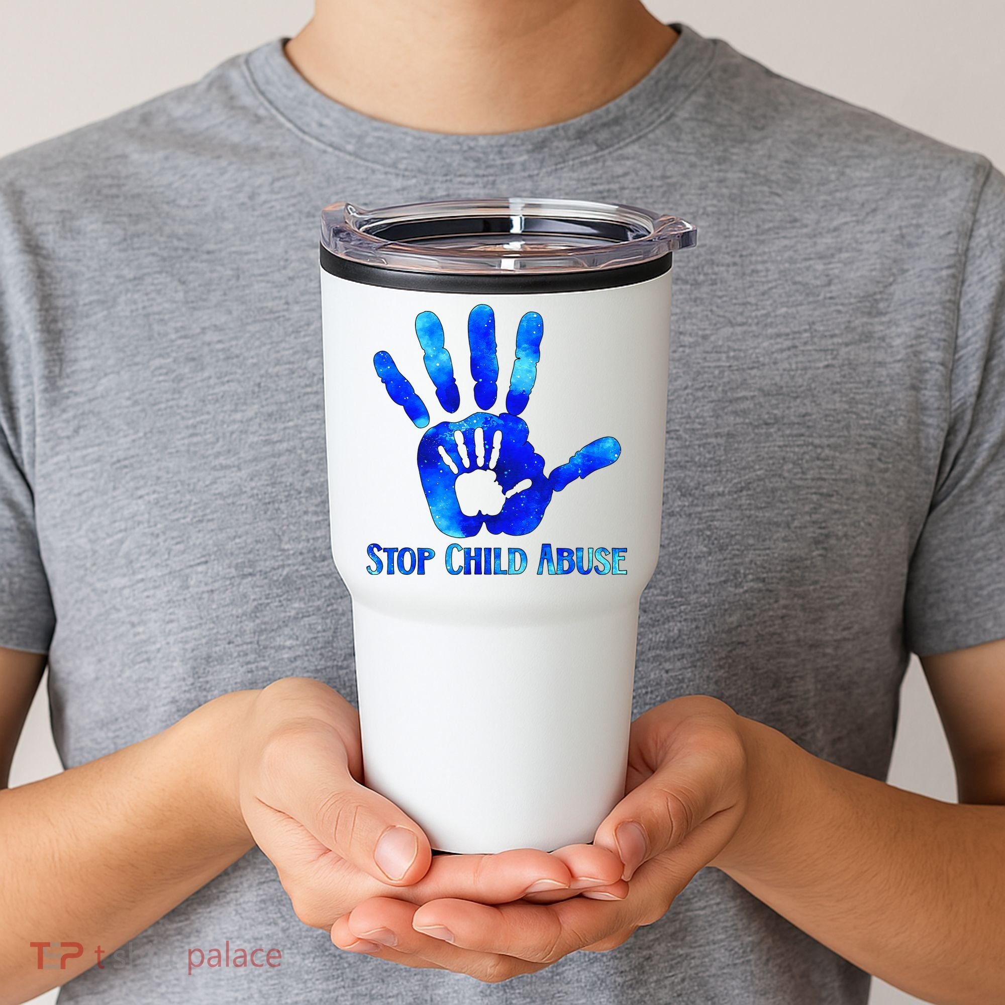 Blue Messy Bun Black  Child Abuse Prevention Awareness Tumbler