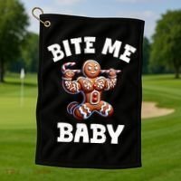 Bite Me Baby Funny Gingerbread Christmas Meme Golf Towel thumb 1