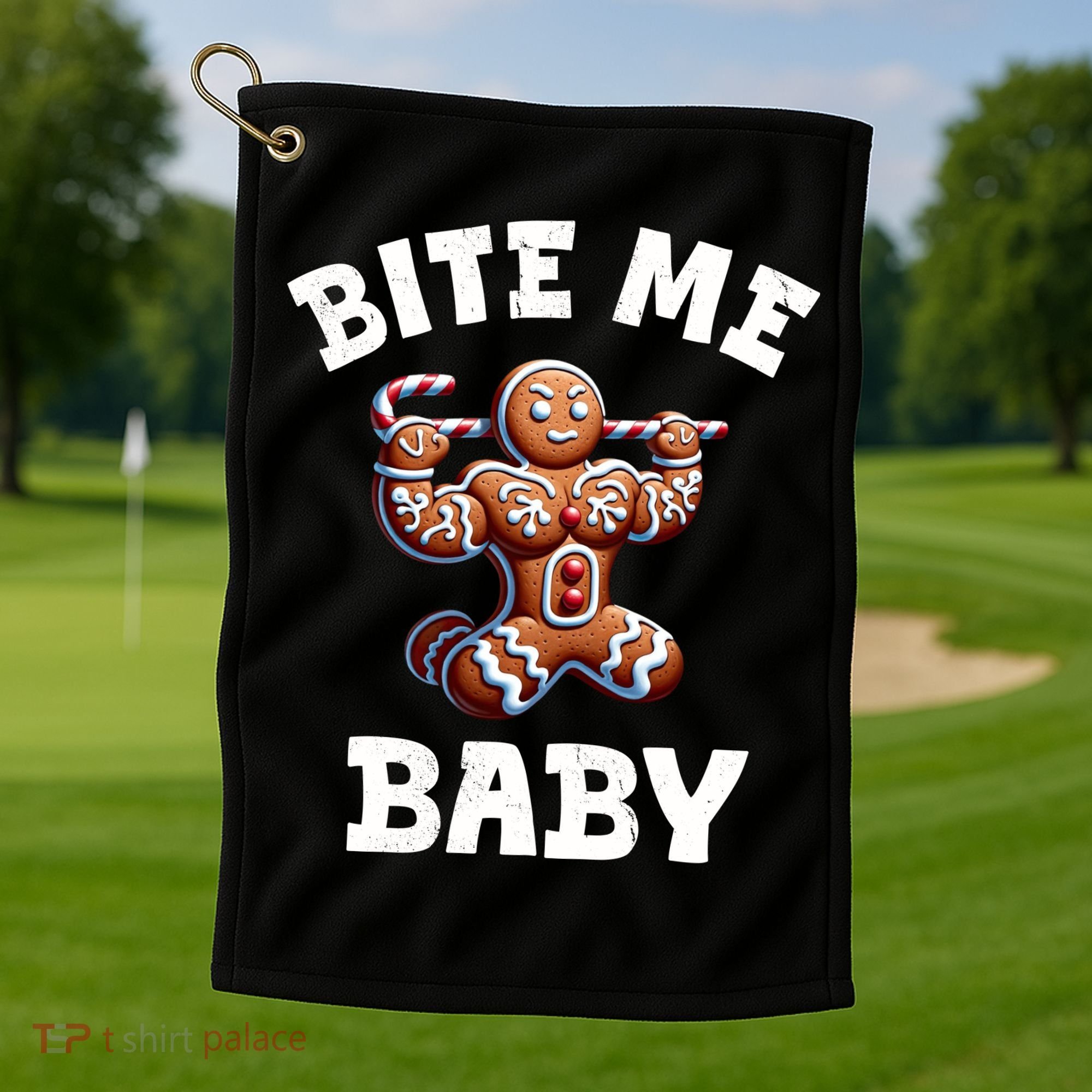 Bite Me Baby Funny Gingerbread Christmas Meme Golf Towel