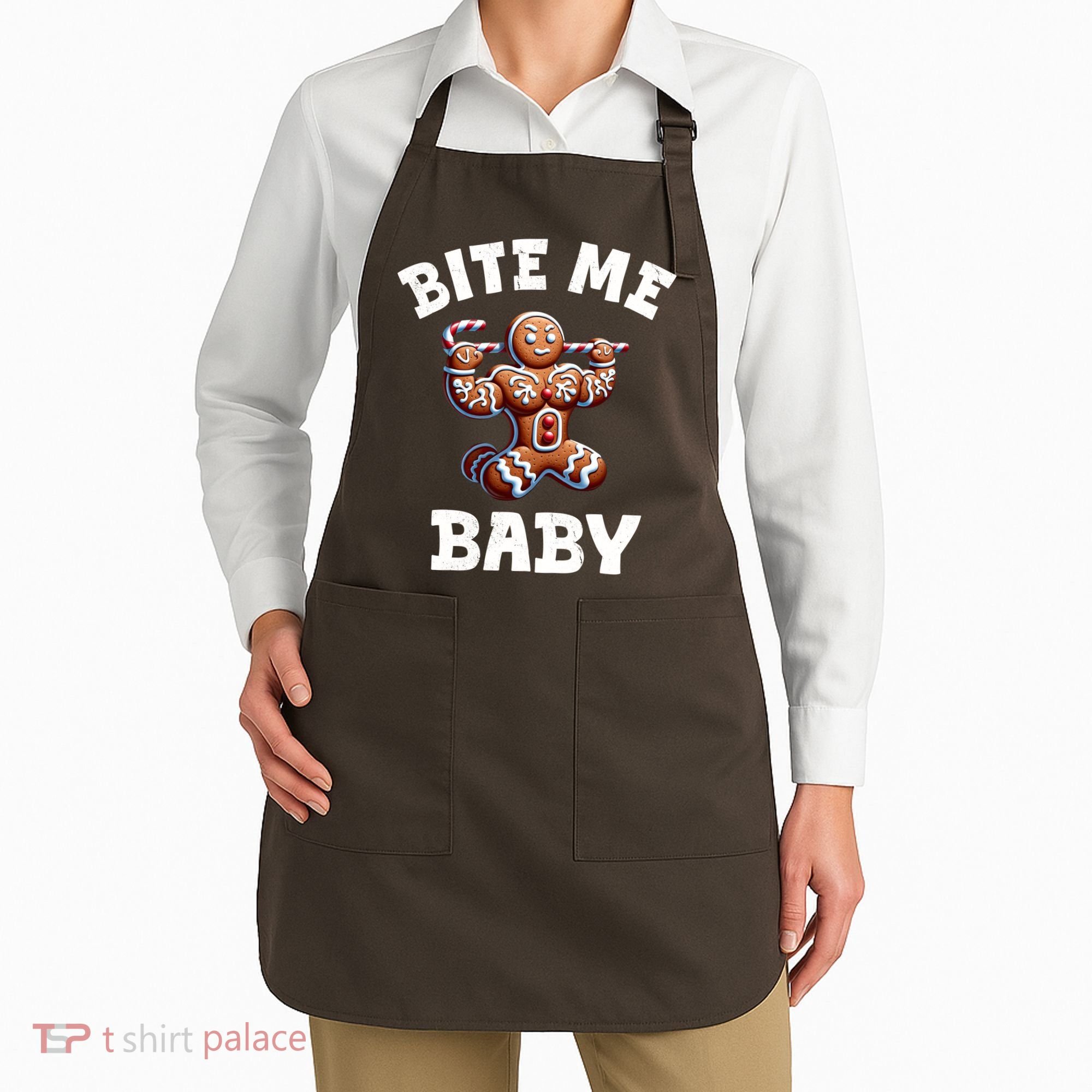 Bite Me Baby Funny Gingerbread Christmas Meme Apron