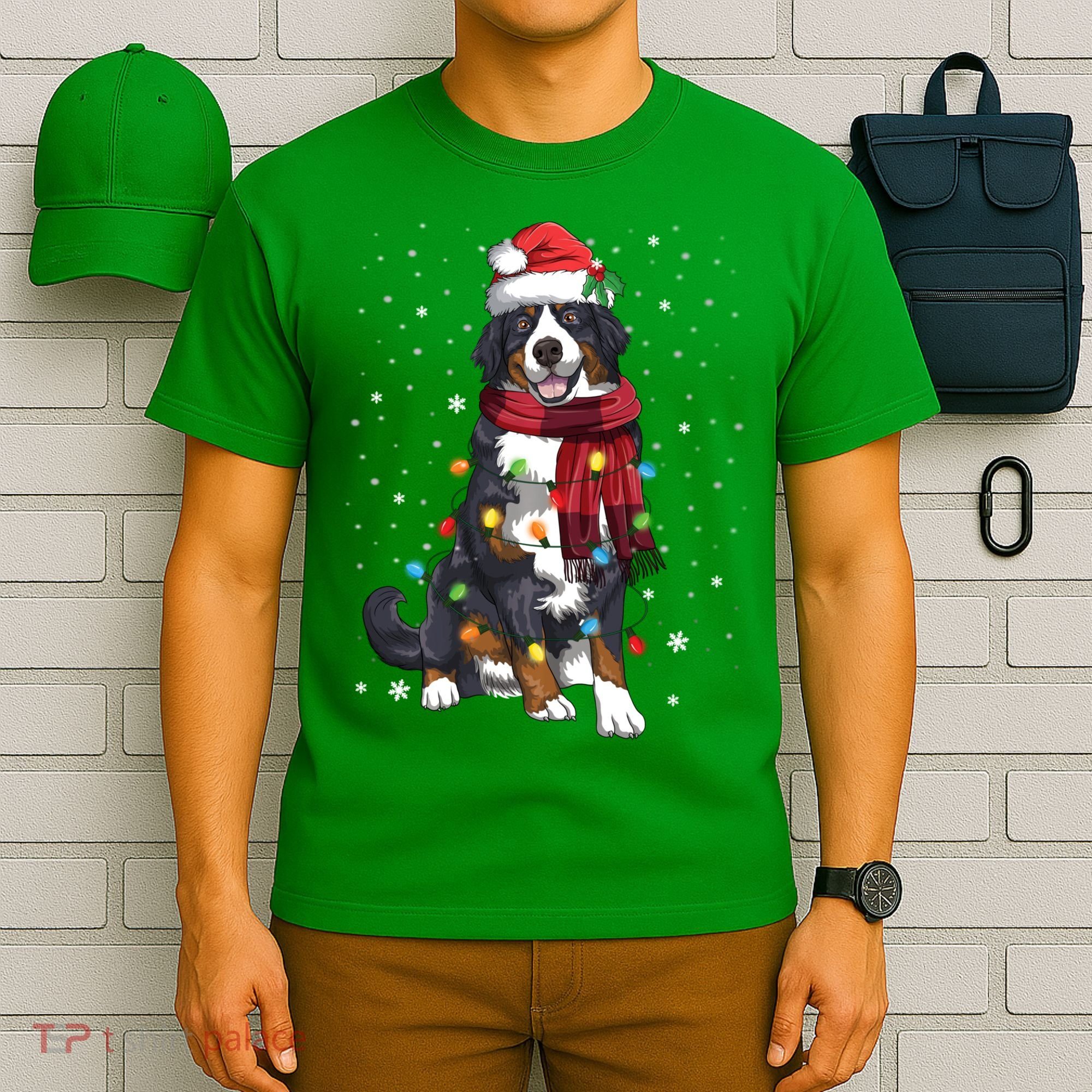 Bernese Mountain Christmas Tree Lights Dog Lover Xmas T-Shirt