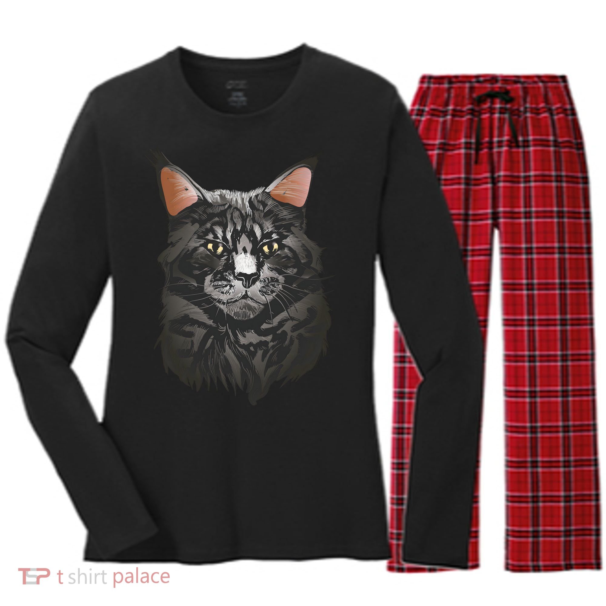 British Maine Coon Cat Portrait Women's Long Sleeve Flannel Pajama Set 